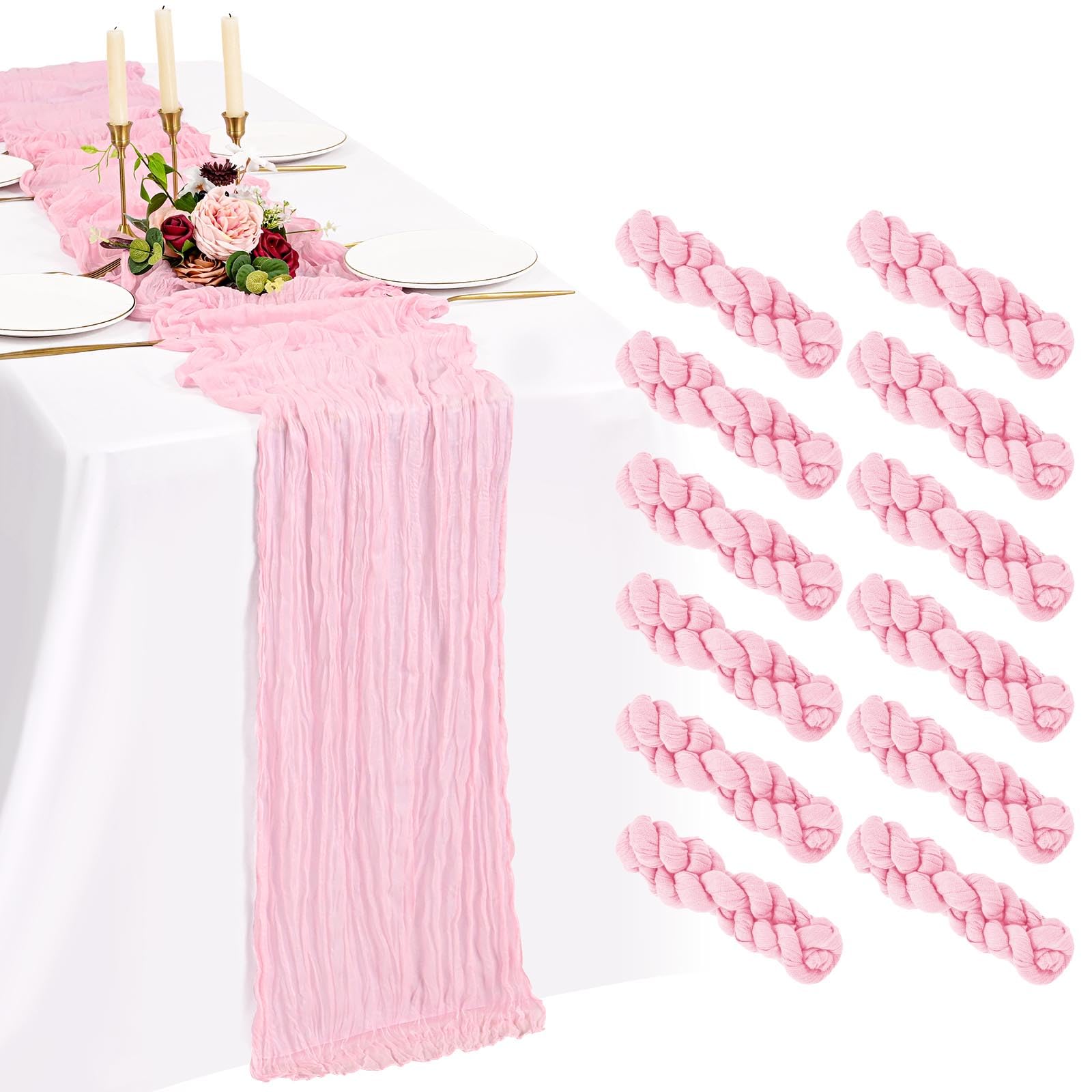 Showgeous 12 Pack Light Pink Cheesecloth Table Runners,21x120 Inch