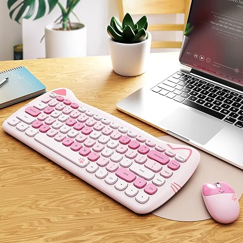 Miniatura 8 de GEEZER - Lindo teclado inalámbrico, mouse con teclado inalámbrico retro de 2.4 GHz, muy colorido, compatible con Windows, computadora, PC,