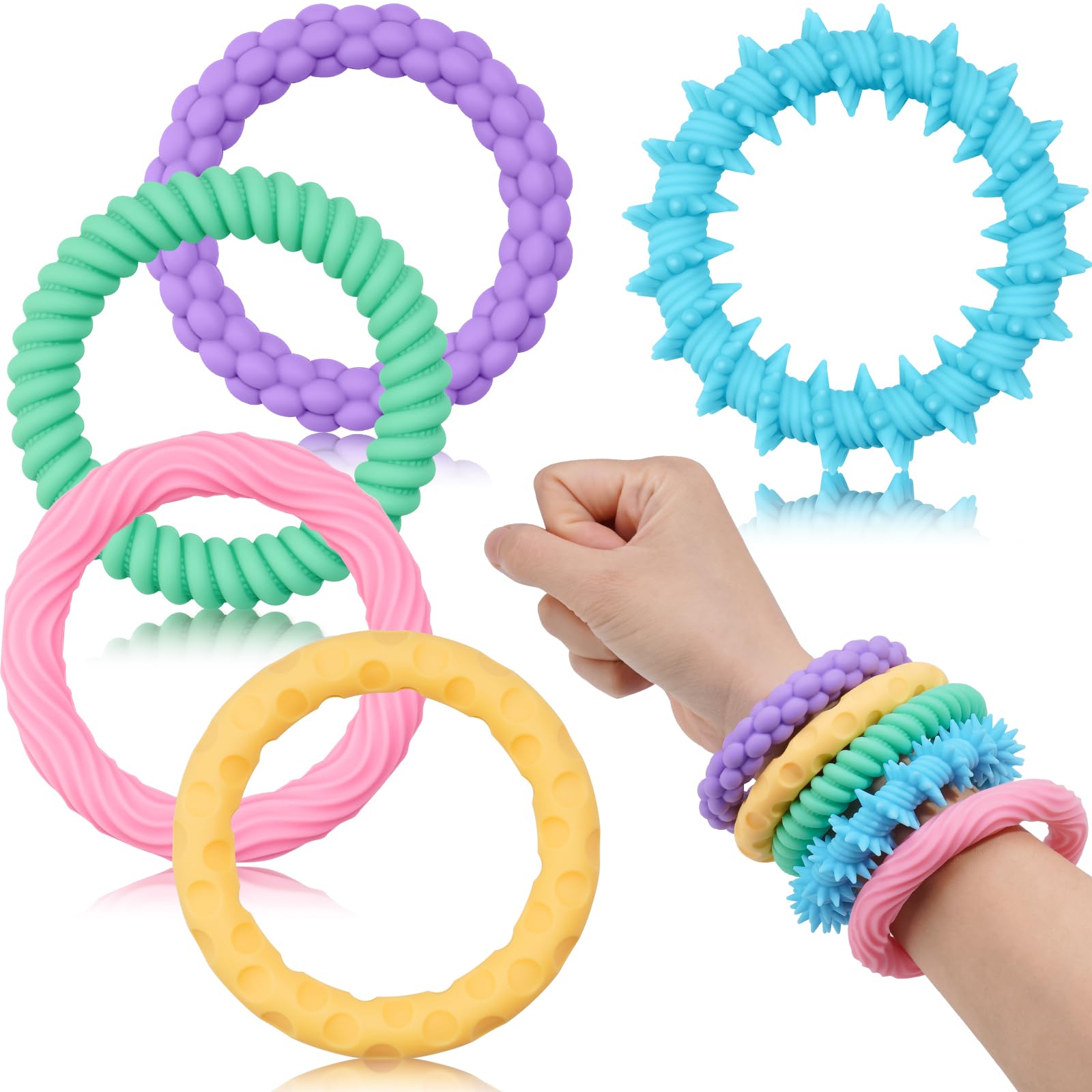 NiToy 5-Pack Macaron Colors Silicone Stretchy Bracelet Fidget Toys for Kids, Textured Design Sensory Chew Toys for Anxiety Relief and Focus, Wearable Stress Relief Band Toys for Toddlers and Children