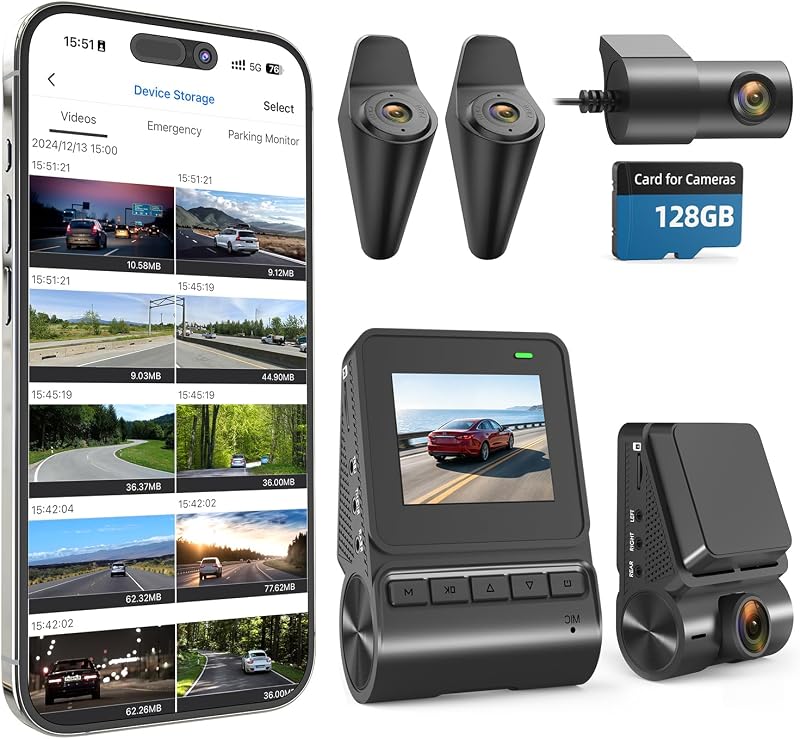 Innovadora Dash Cam de 4 Canales con Vista 360 Delantera y Trasera con Cámaras Laterales Externas para Autos, GPS y WiFi Banda 5G, Visión Nocturna, Gran Angular 170, Modo Estacionamiento 24H, Supercondensador, Tarjeta de 128GB Incluida