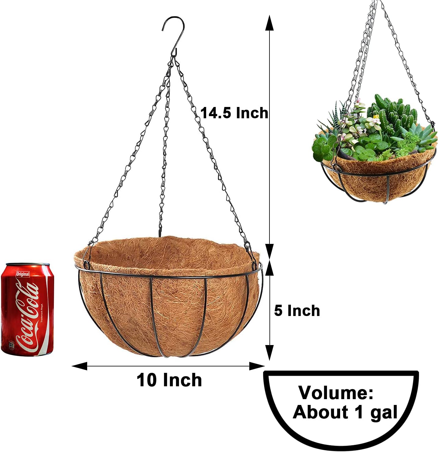 Free-Air 10 Inch Metal Hanging Planter Basket with Coir Liner 2 Pack,Iron Baskets for Plants Indoor Outdoor Chain,Large Wire Plant Holder Flower Pots Hangers Home Garden Balcony Decor-Round, Black