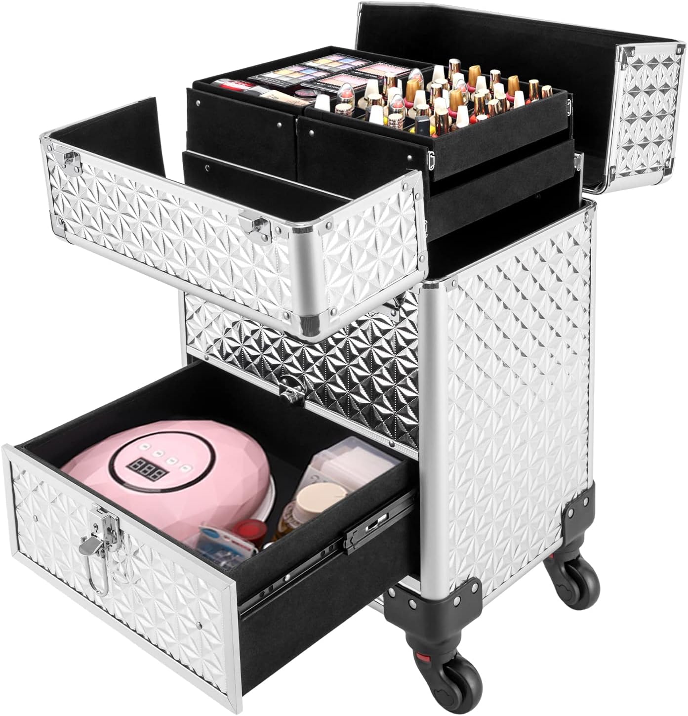 Rolling Makeup Case, Professional Cosmetic Travel Trolley, Manicure Storage Organizer Case w/Wheels, Salon Barber Case Cart Trunk for Cosmetologist/Hairstylist - Silver
