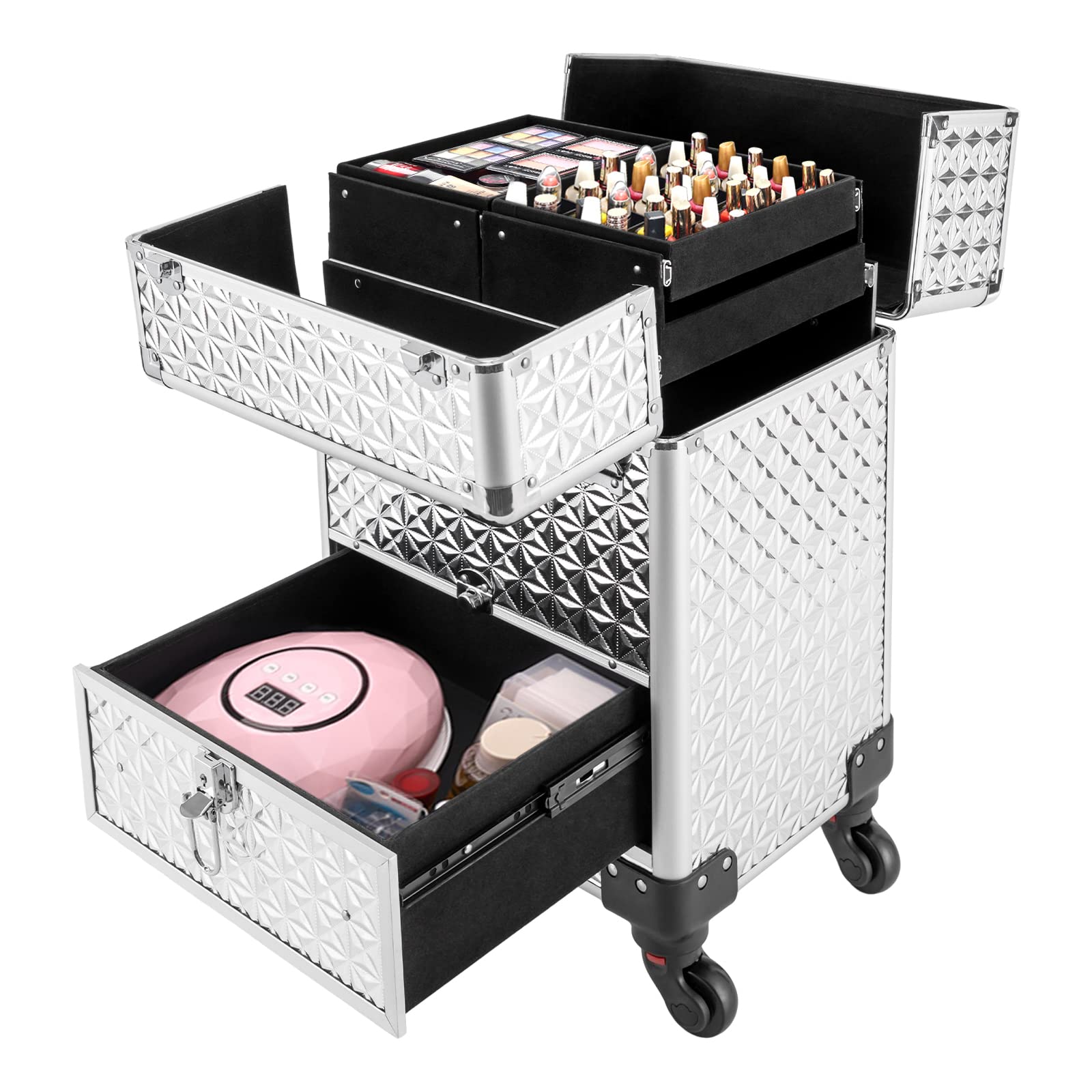 Titunjian Rolling Makeup Case Cosmetic Train Cases 4 Tray with Sliding Rail Rolling Makeup Cart Cosmetic Trolley 3 Tier Travel Case Salon Barber Case