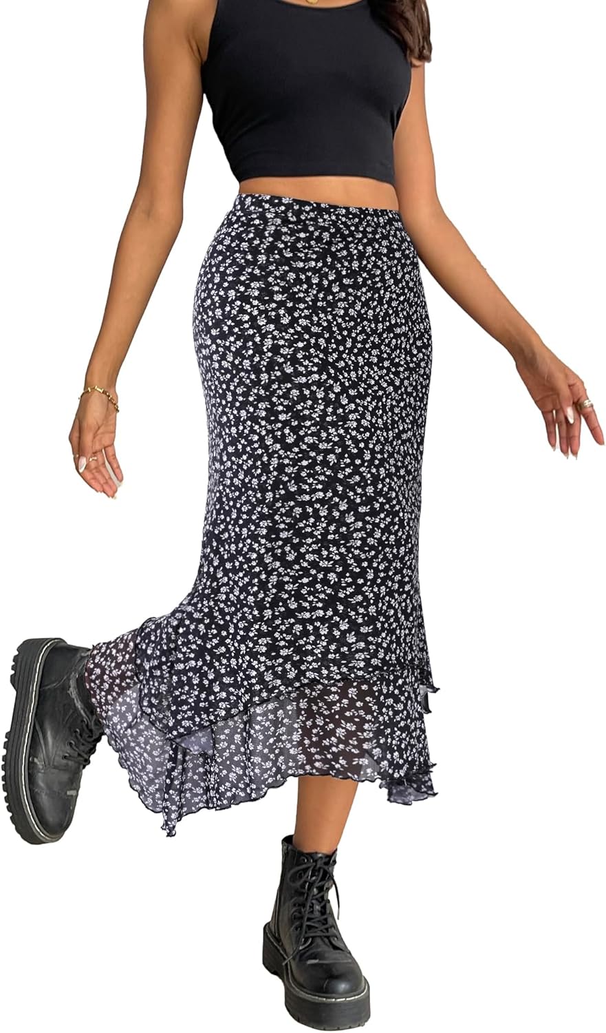 Avanova Women Mesh Asymmetrical Mermaid Midi Skirt High Waist Fishtail Long Skirt - Image 4