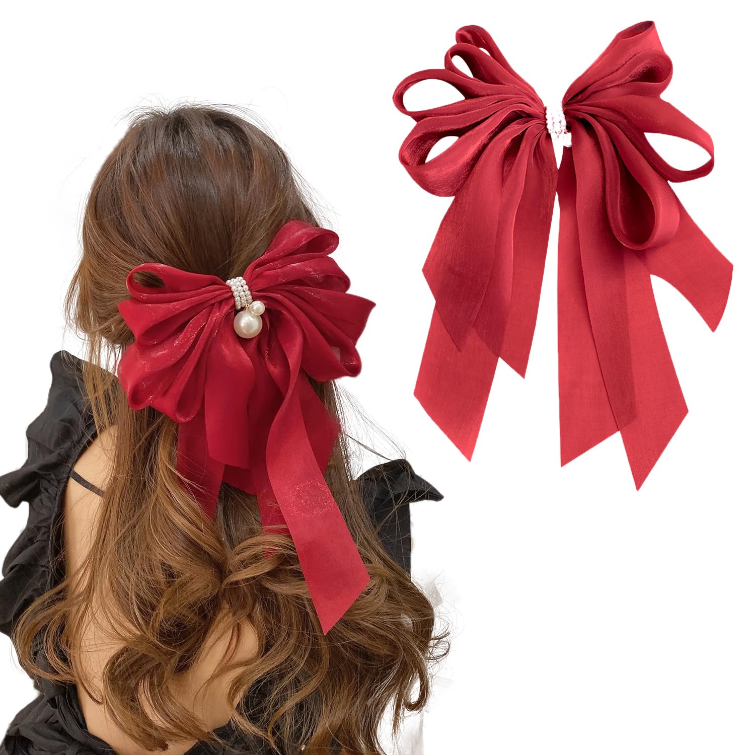 ANNACREATIONS Stylish Hair Bow Shiny Large French Big Bow with Pearls Hair Barrette Clip Pearls Hair Clip Hair Accessories Silk Bow Hairclip for Women & Girls Pack of 1 Pcs (Red)