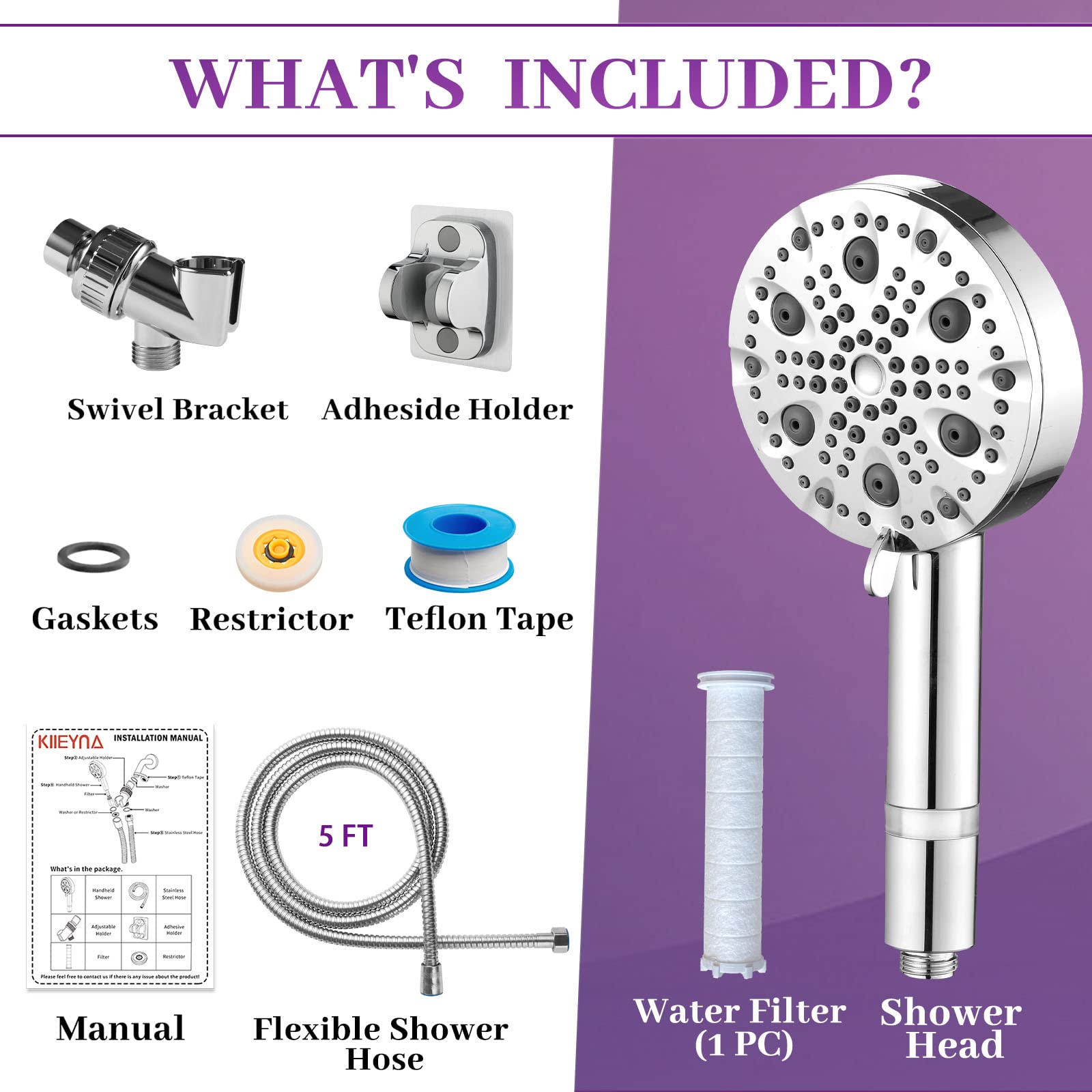 KLLEYNA Filtered Shower Head for Hard Water 9 Spray High Pressure Handheld 2.5GPM Water Softener