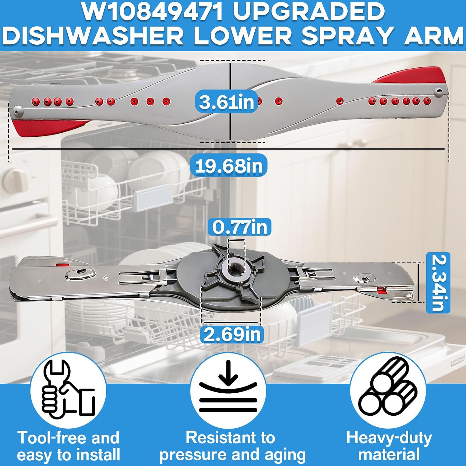 W10849471 Dishwasher Lower Spray Arm fit for Whirlpool Kenmore KitchenAid | Fixes weak spray clogged holes or non-spinning spray arm improving wash performance Easy snap-on installation requires