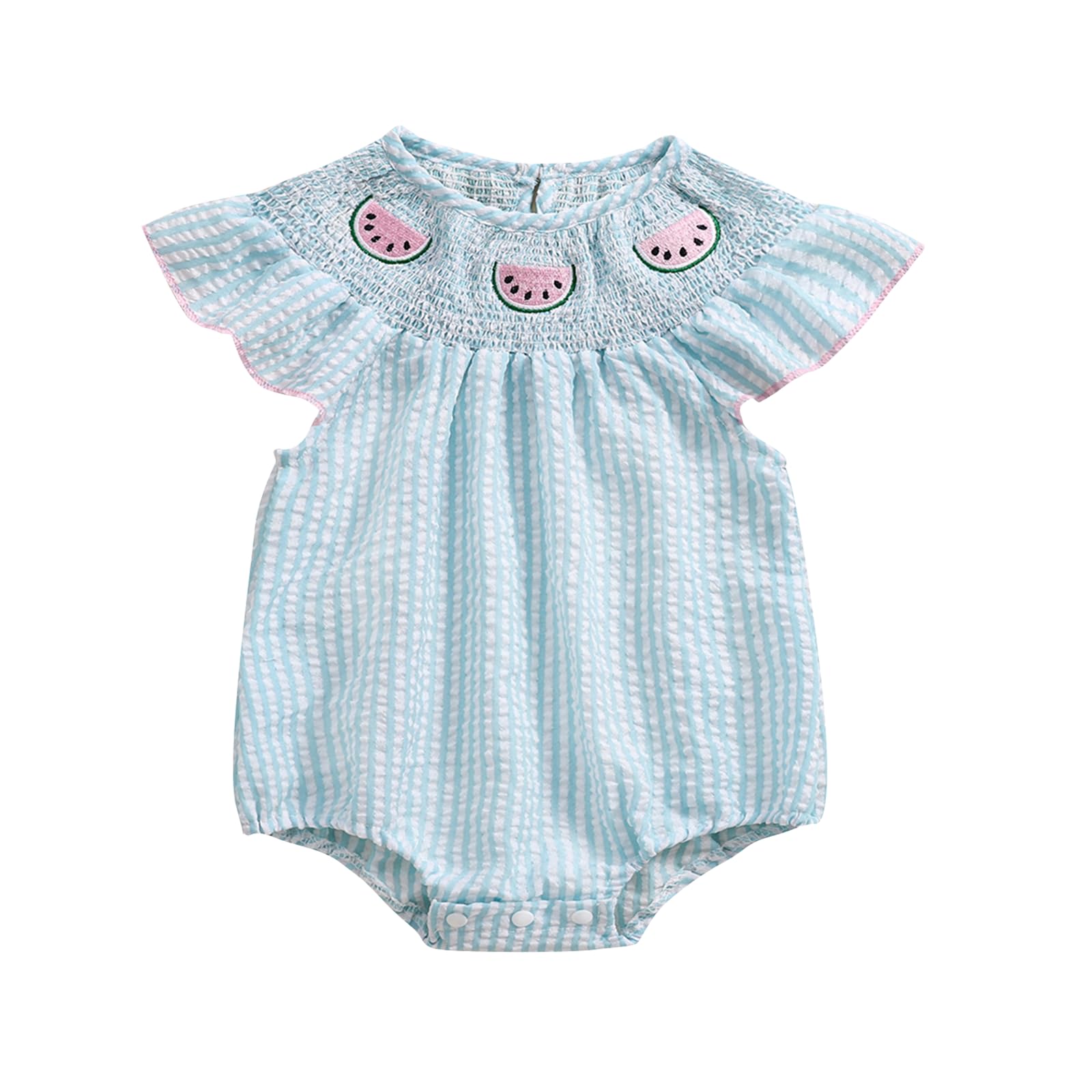 Smocked Baby Girl Clothes Watermelon Fruit Stripe Print Puff Sleeve Bubble Romper Frill Trim Ruffle Bodysuit Clothes (Sky Blue, 6-12 Months)