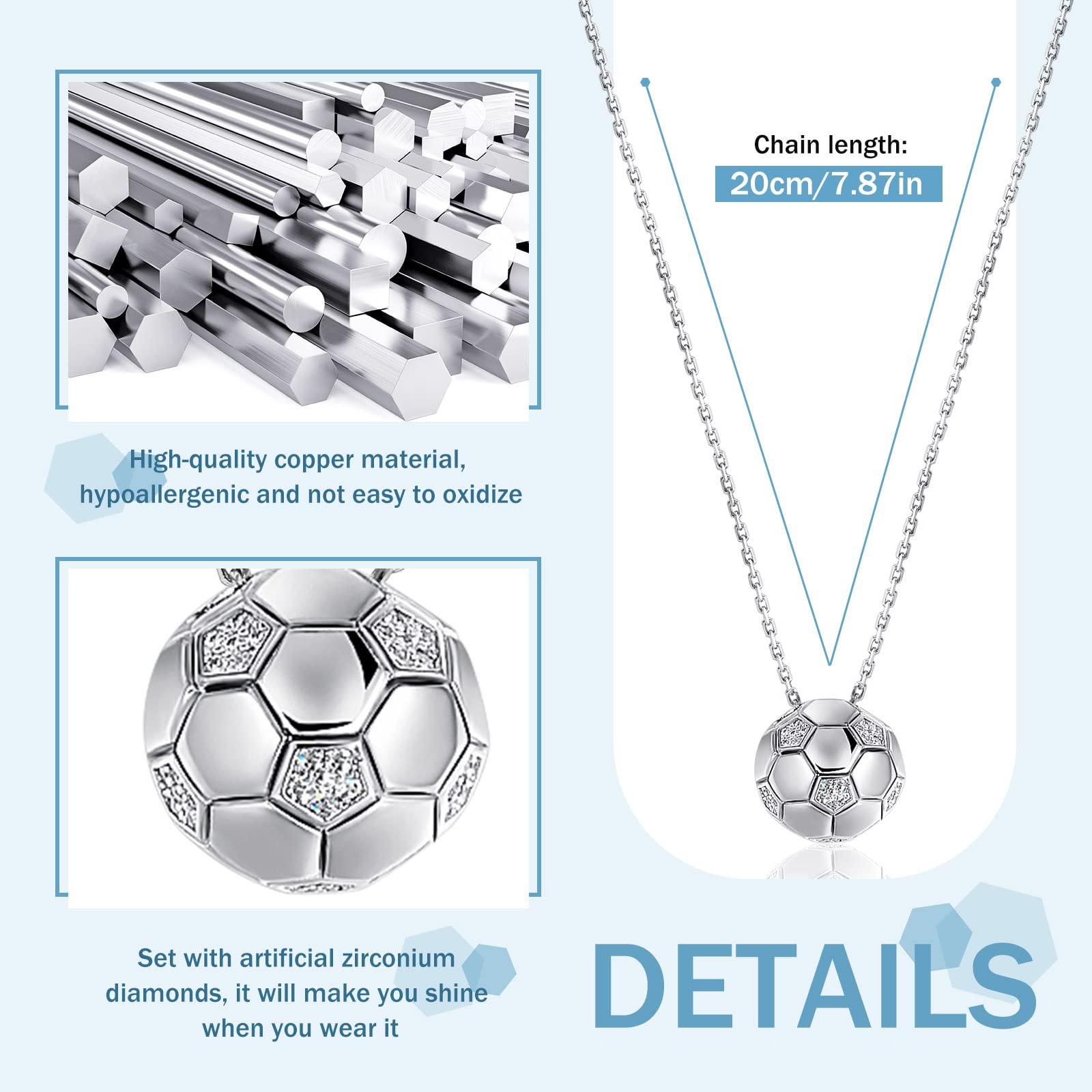 Patelai Collar de Fútbol Colgante de Balón Grabado con Dije de Pelota de Cadena con Diamantes de Imitación para Mujeres Hombres Niñas Niños (Plata)