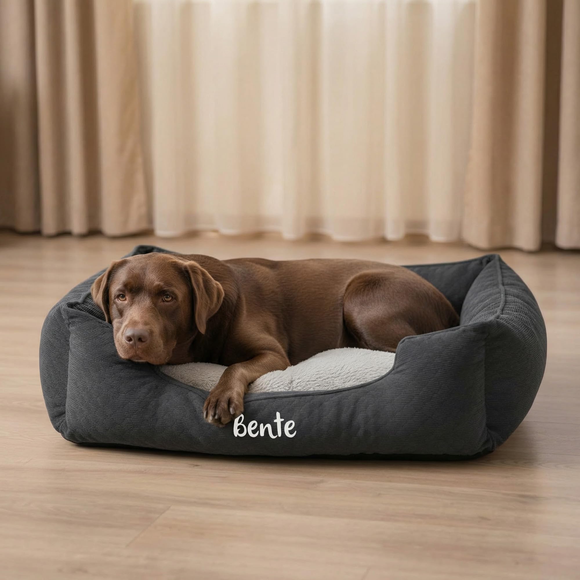 Personalizable cama para perro rectangular 100×80×25 cm Gris Oscuro–suave & cómoda con cojín reversible–base antideslizante & funda lavable –ideal para perros grandes–personalizada con nombre–Petslino