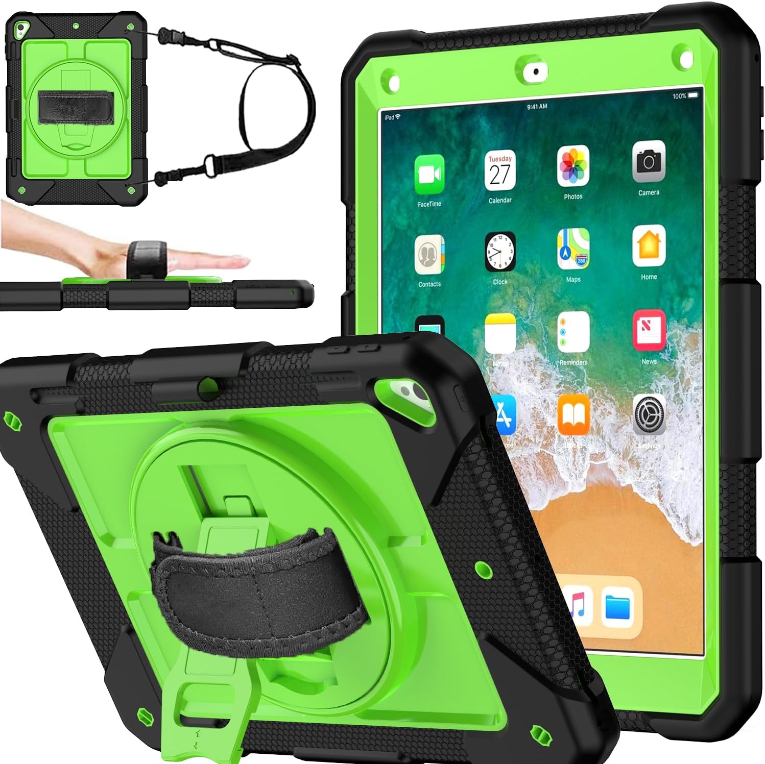 BMOUO Case for iPad 6th/5th Generation Case (9.7 inch, 2018/2017), 360°Rotating Stand, Hand/Shoulder Strap Shockproof iPad 9.7” Case for iPad Air 2, Black and Green