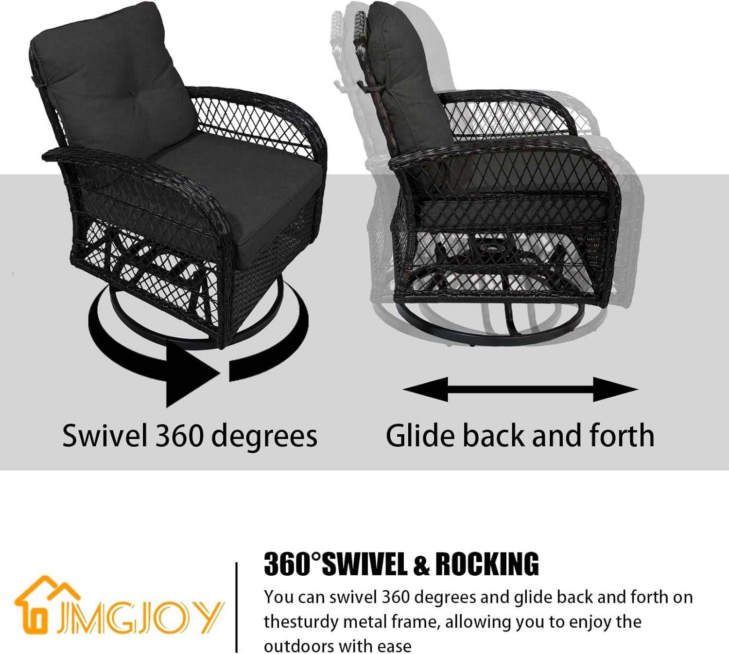 Patio Furniture Set of 3, Outdoor Swivel Rocker Patio Chairs - 2 Piece Wicker Patio Rocking Chairs with Side Table, 360 Degree Swivel Seat with 6 Inch Back Cushions for Porch, Balcony (Gray, 3 Piece)