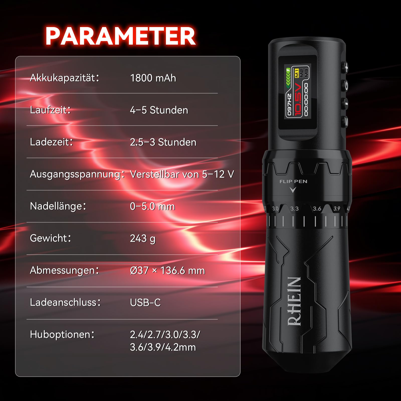 RHEIN Kabellos Maschine Set mit 2 Akkus à 1800 mAh Komplettes Zubehör Set | 7 Einstellbarer Hub Speicherfunktion Zeitmessfunktion Handkoffer 20 Nadeln 7 Farbe