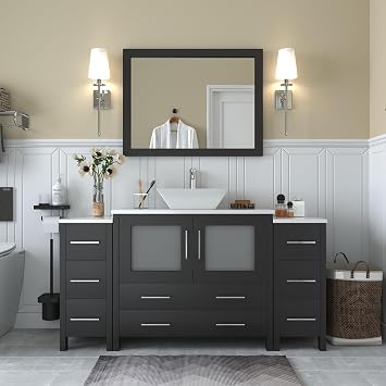 HomeBeyond 60 Bathroom Vanity Cabinet Vessel Single Sink Combo Set with 1 Mirror,Engineered Marble Top Compact Set with 8 Dovetail Drawers and Soft Closing Doors,Black