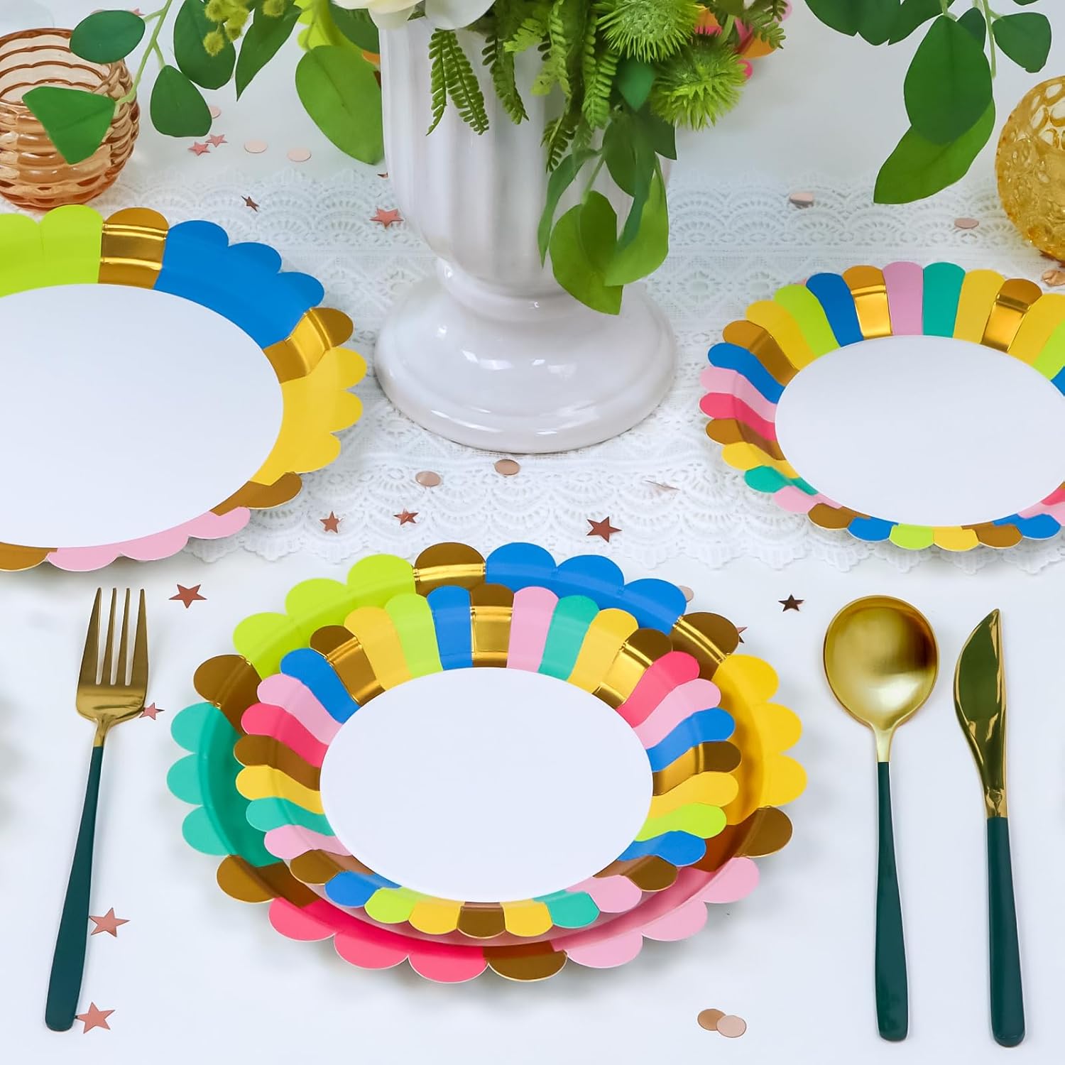 Scalloped Paper Plates 100pk, Disposable Party Plates with 50pk Dinner Plates & 50pk Dessert Plates, Gold Foil Paper Plates for Party Wedding Birthday Anniversary and Engagement Party Decorations