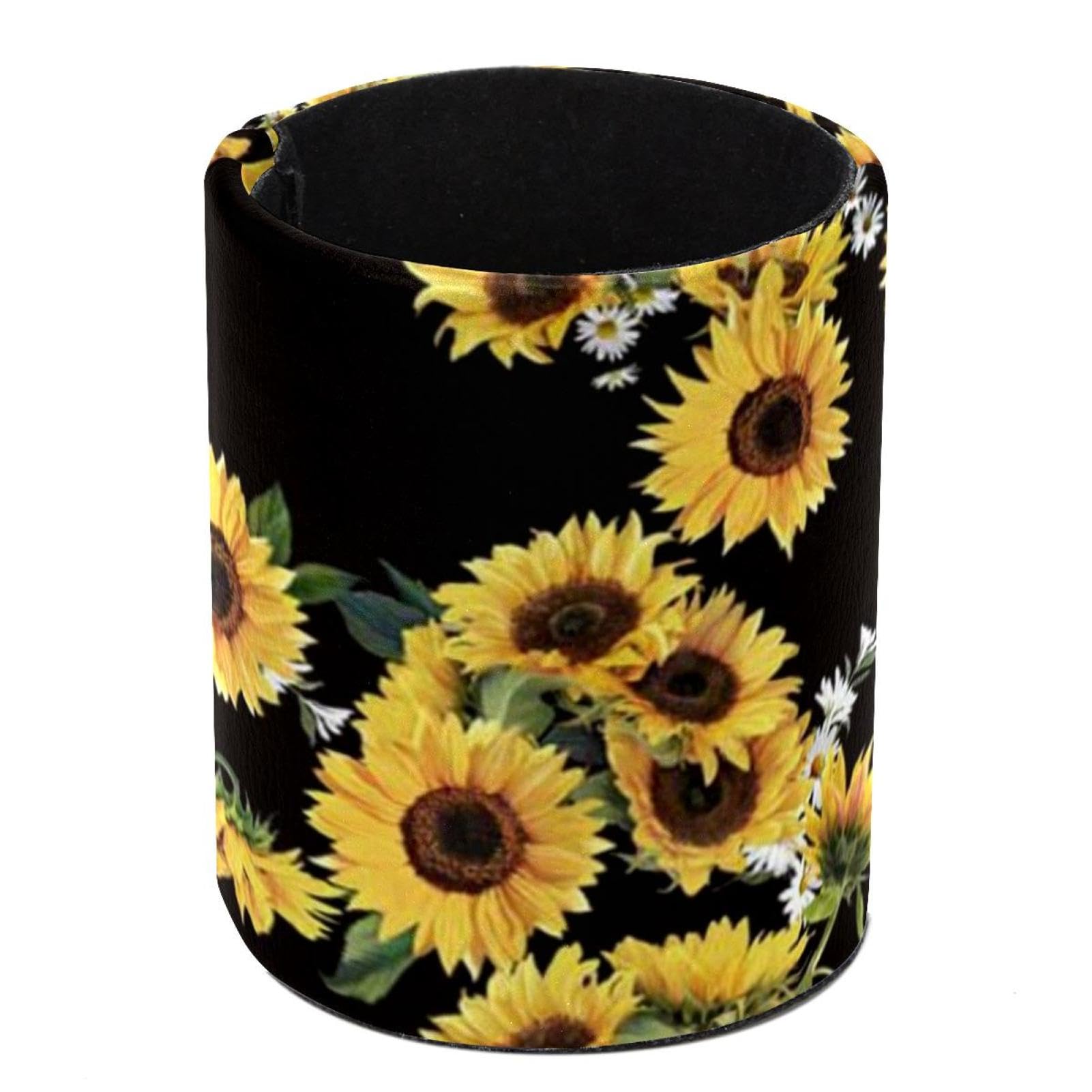 Eslifey Pen Holder Round Pencil Holder for Desk, Botanical Sunflowers Daisy on Black Pen Pot Pen Cup Makeup Brushes Holder Stand Display Desk Stationery Organiser for Home Office School — image 1