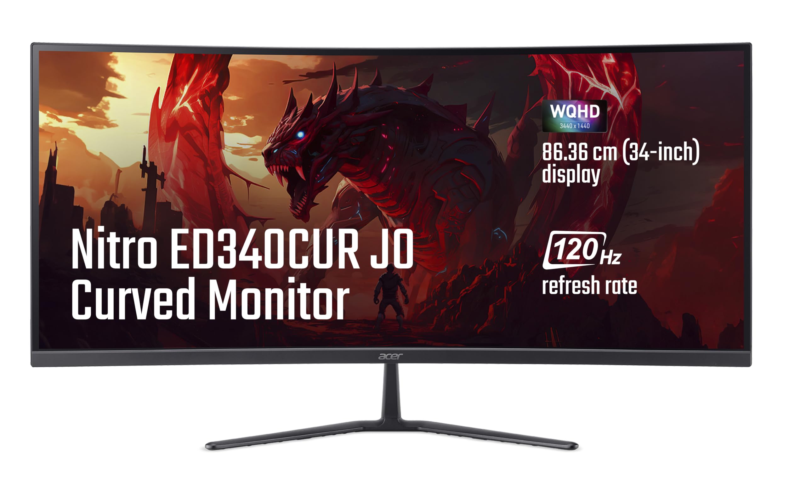 Acer Nitro ED340CUR J0 34 Inch UWQHD Curved Gaming Monitor | 3440x1440 VA Panel | 120Hz (DP) | 1ms VRB | AMD FreeSync Premium | HDR10 | 1500R | 2x HDMI 2.1 + DP 1.4 | Easy Tilt | Speakers | VisionCare