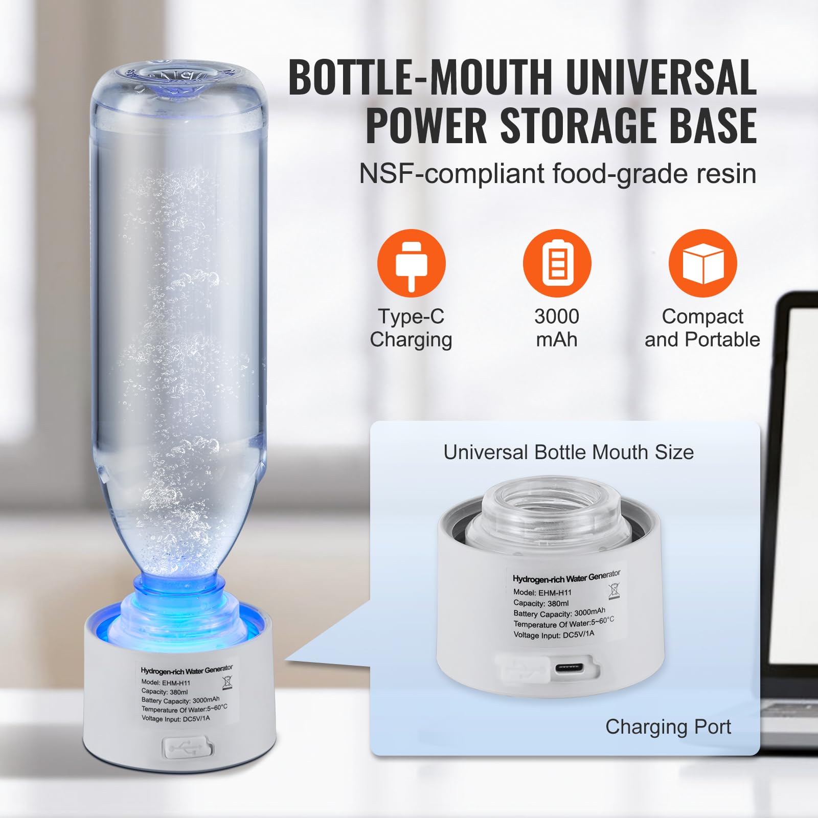 VEVOR Generatore di Bottiglie d'Acqua di Idrogeno, Macchina per Ionizzazione d'Acqua 380 ml, Macchina per Ionizzatore d'Acqua Ricca di Idrogeno Tecnologia SPE con Tubo Inalazione Nasale Autopulente