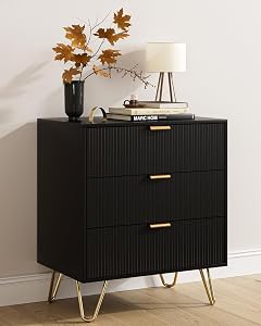 3 Drawer Dresser for Bedroom, Modern 3 Drawer Dresser Chest of Drawer, Storage Cabinet with Golden Legs for Living Room, Office, Entryway, Black