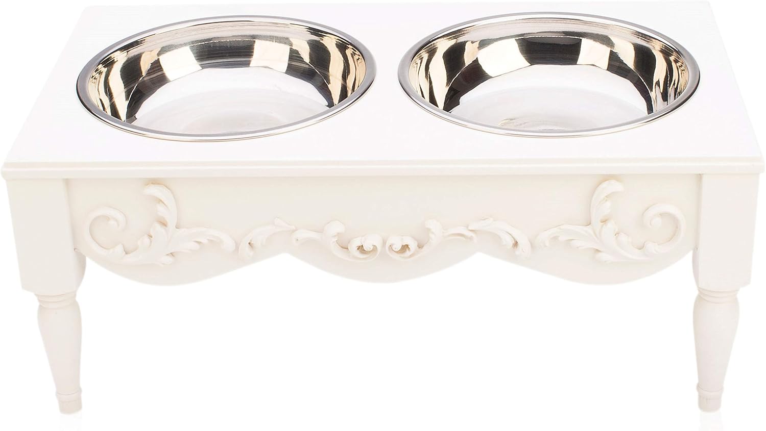 Helpen Pets Elevated Dog Bowl, 7-Inch Premium Double Raised Bowls, Food-Grade Stainless Steel, Perfect for Dogs and Cats, Scrollie - White
