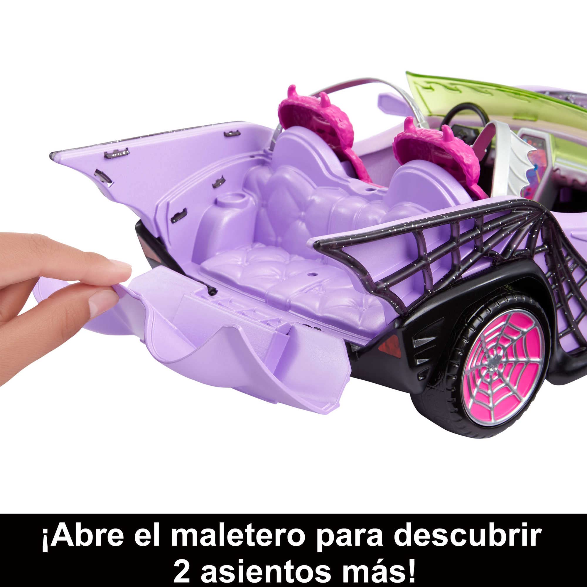 Monster High Coche de juguete, móvil Ghoul con accesorios para mascotas y refrigeradores, convertible morado con detalles de telaraña, HHK63