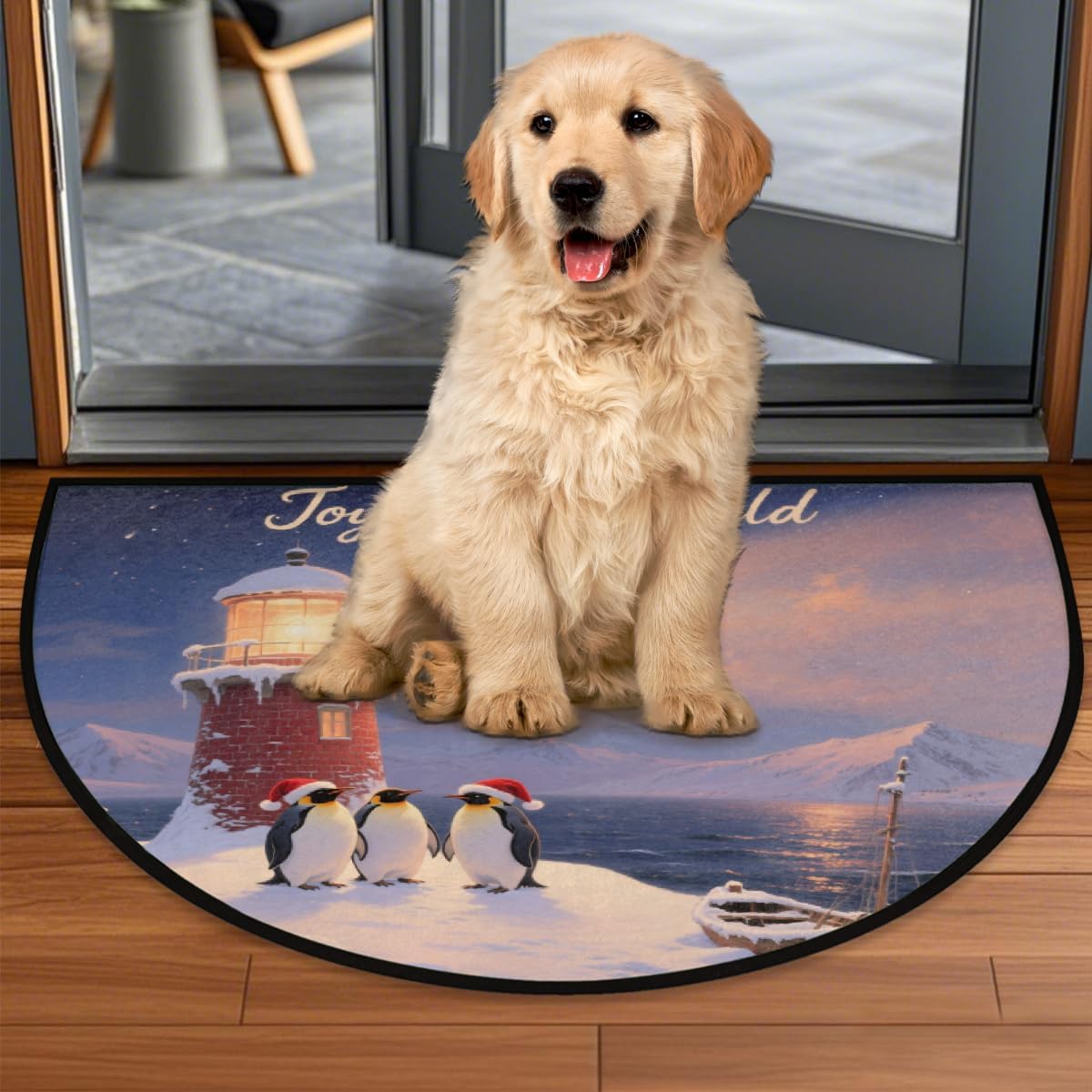Half Round Door Mat - Indoor Outdoor Christmas Penguin Lighthouse Half Circle Rug for Entryway, Bathroom, Kitchen, Living Room - Washable Non-Slip Half Moon Mat with Boho Floral - Small Floor Mat