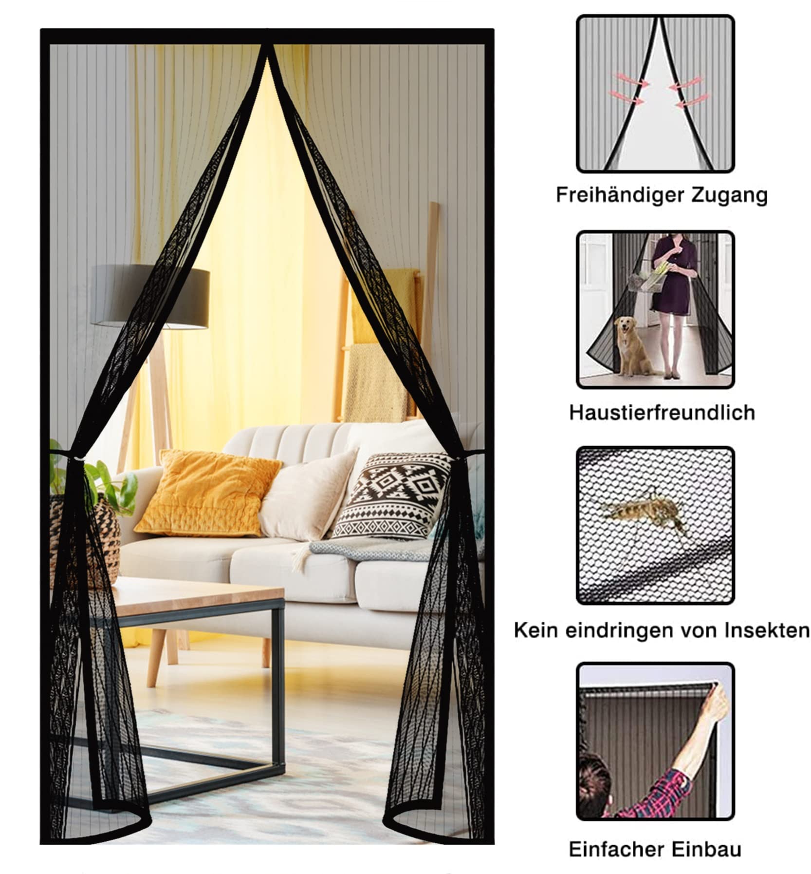 Magnet Fliegengitter Tür 180 x 240 cm Auto Schließen Luft kann frei strömen Magnete für Fliegengitter Kinderleichte Klebemontage Ohne Bohren für Balkontür Wohnzimmer, Schwarz