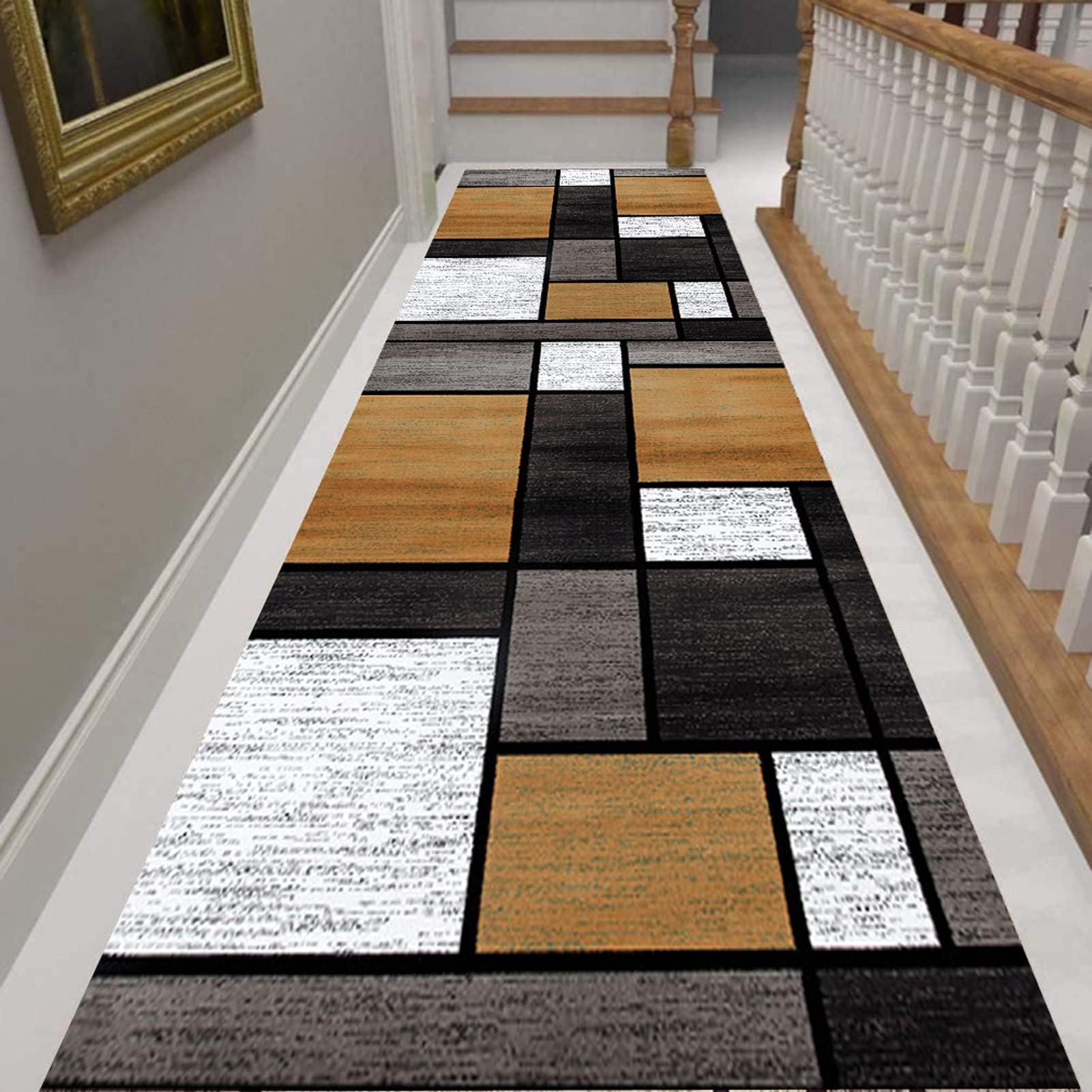 Alfombra larga para pasillo marrón con diseño geométrico ideal para cocinas y balcones de 70x140