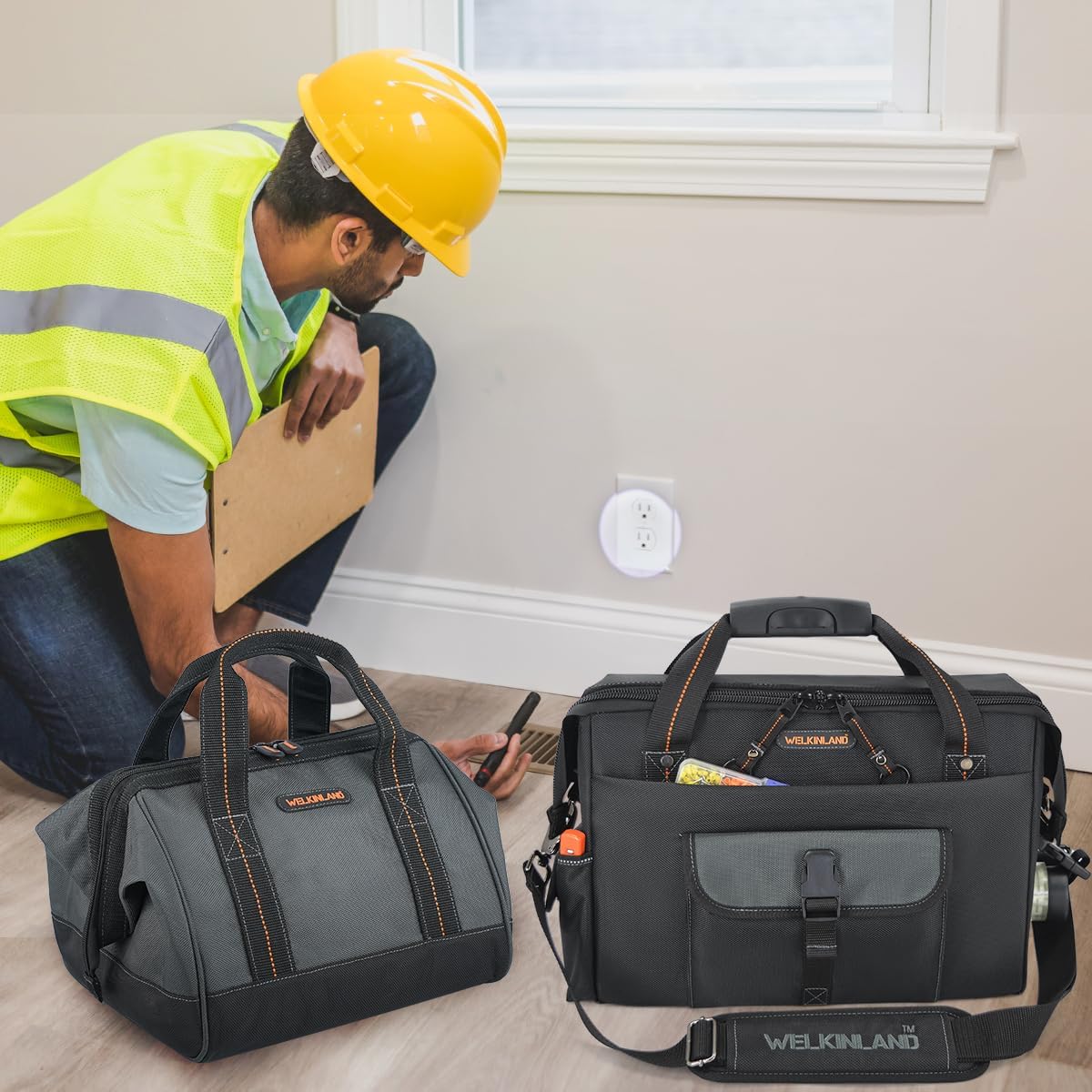 WELKINLAND 25-Pocket Electrician Tool Bag & Small Tool Bag Set, Wide-Opening Technician Tool Bags, Tools Bag W/ 13'' Laptop Compartment, Stay-Up Travel Tech Tools Bag, HVAC Service Tech Tool Bags - Image 2