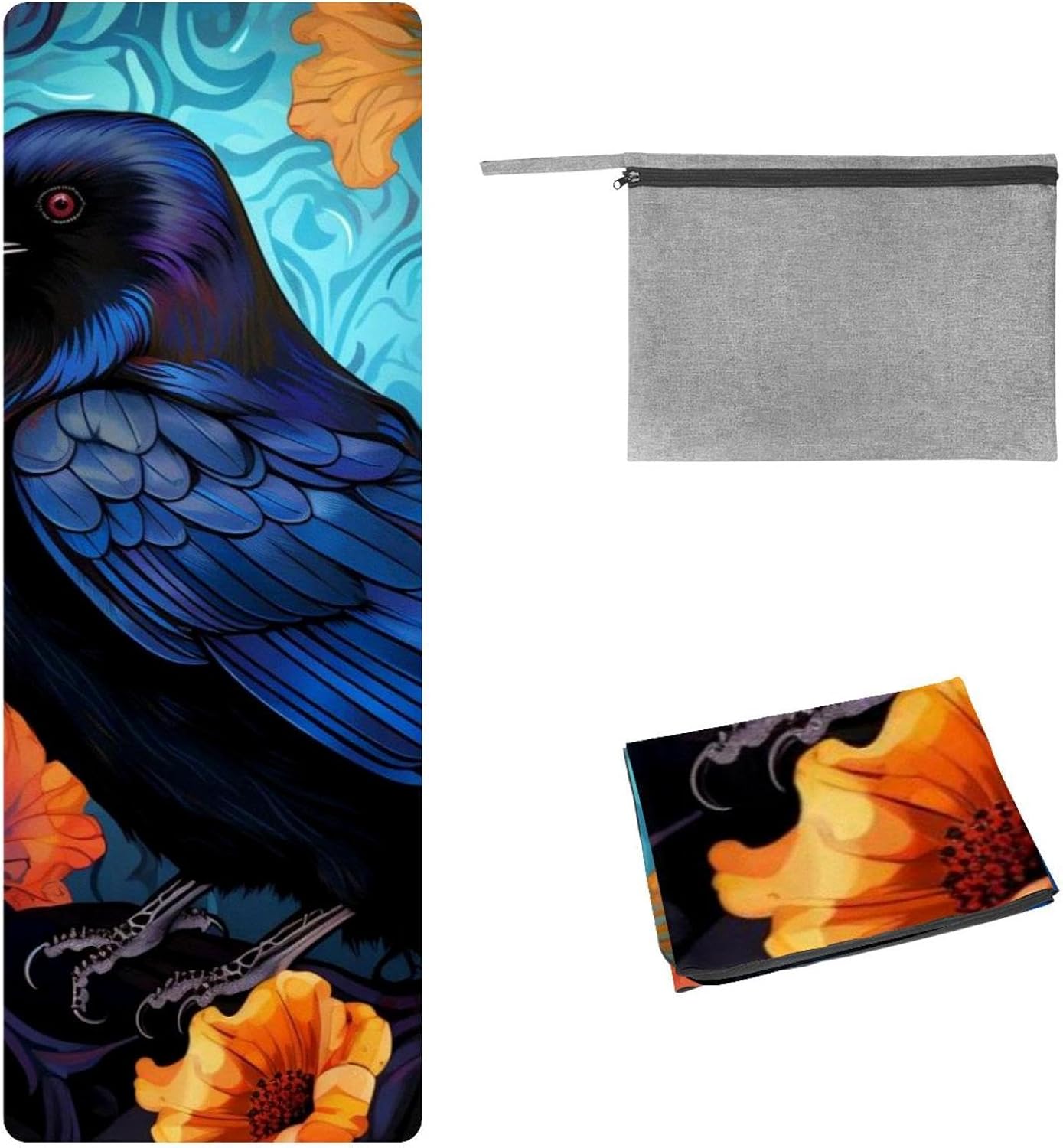 Yoga Towel, Black Crow Pattern Non Slip Sweat Absorbent Hot Yoga Mat Towel for Hot Yoga, Pilates and Fitness - 72.8" x 26.8"