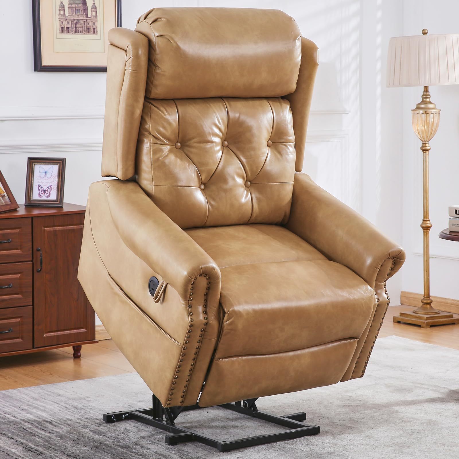 RUTOX Large Power Lift Recliner Chair for Elderly, Oversized Lay Flat Lift Chair with Adjustable Headrest, Leather Recliner Chairs with Massage and