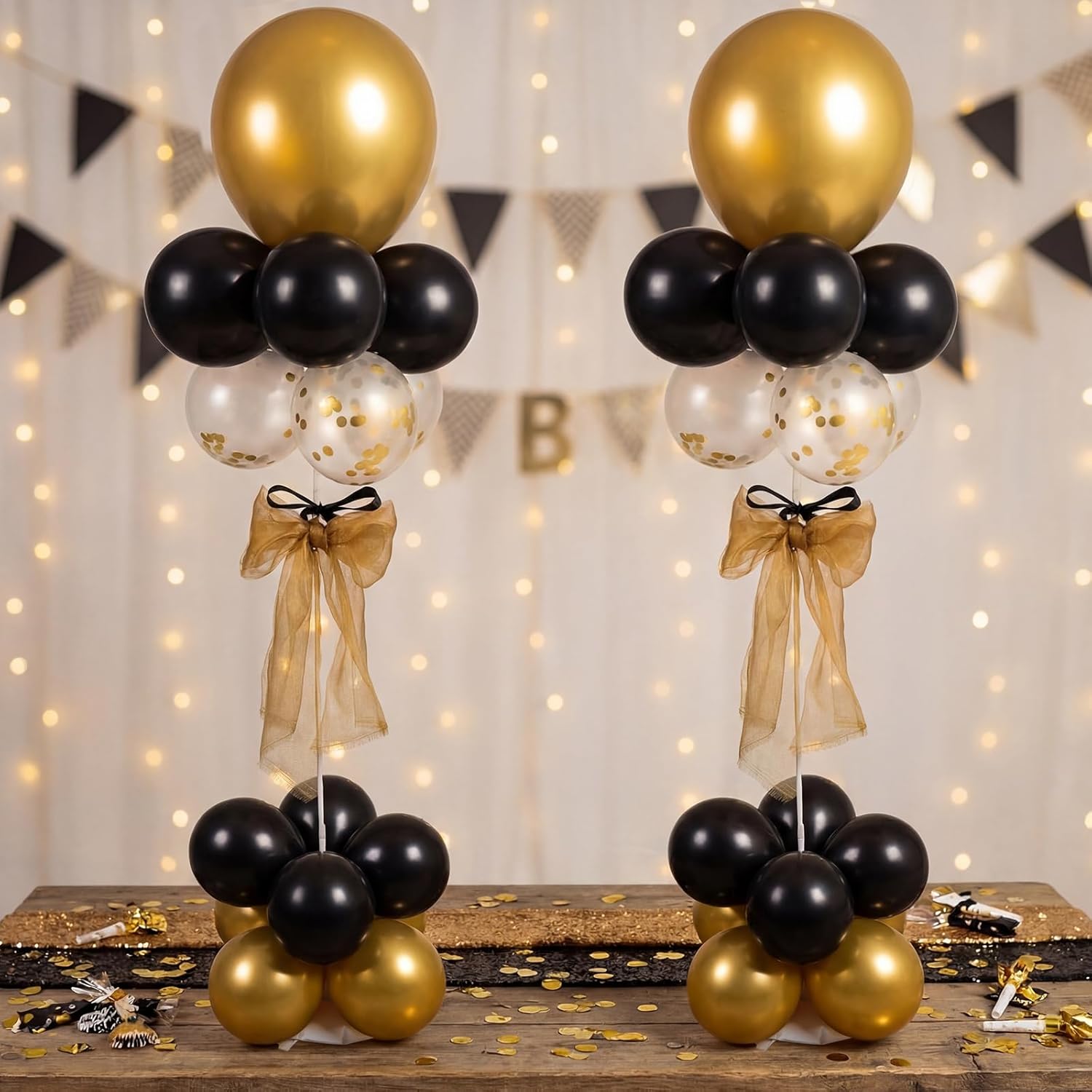 Hollowfly 2 Sets Black and Gold Party Decorations Balloon Stand 2026 Graduation Black and Gold Decoration Balloon Stands Table Centerpieces for Grad Prom Birthday Retirement Party Decor Supplies