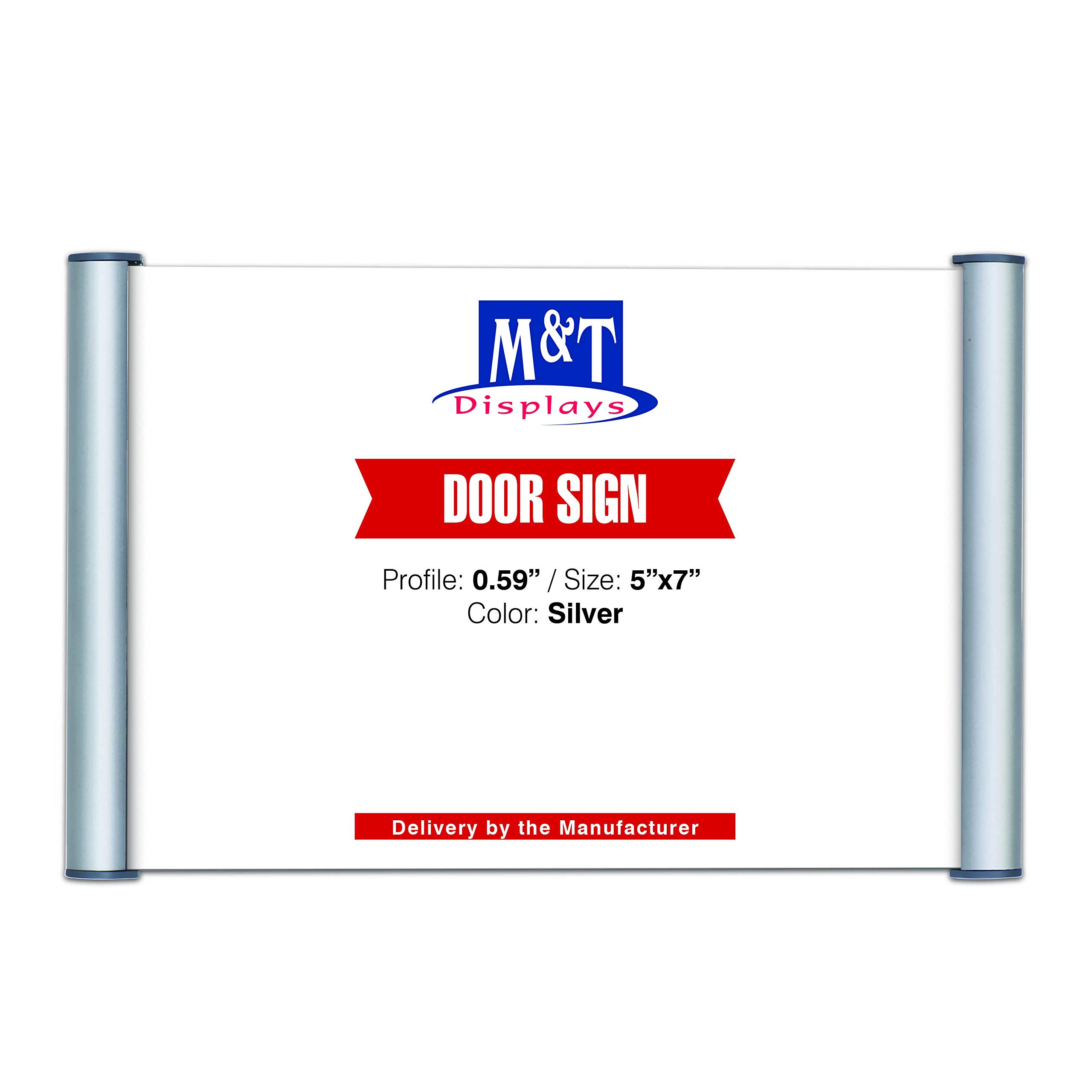 M&T Displays Snap Open Name Plate Aluminum Office Door Sign Holder with Self Adhesive Double Sided Tape and Plastic Anti Glare Cover 5x7 Inch Silver