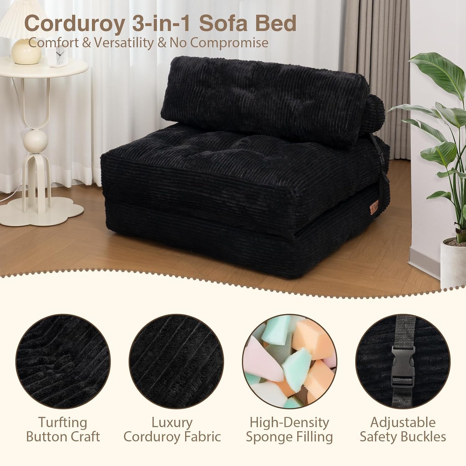 Folding Sofa Bed, Folding Chair Bed with Pillow, Convertible Lazy Sofa Bed with High-Density Support Foam, Fold Out Chair for Small Spaces Living Room Bedroom, Black