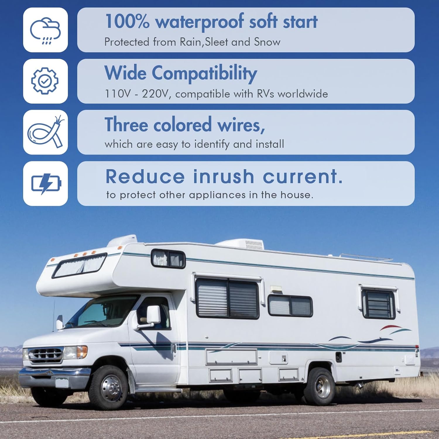 Soft Start for RV air conditioners Reduces Startup Current by up to 75%, Saving Battery Power. Compatible with 120V-240V Systems (3.5 ton max), Ideal for RVs, Vans, and Campers.