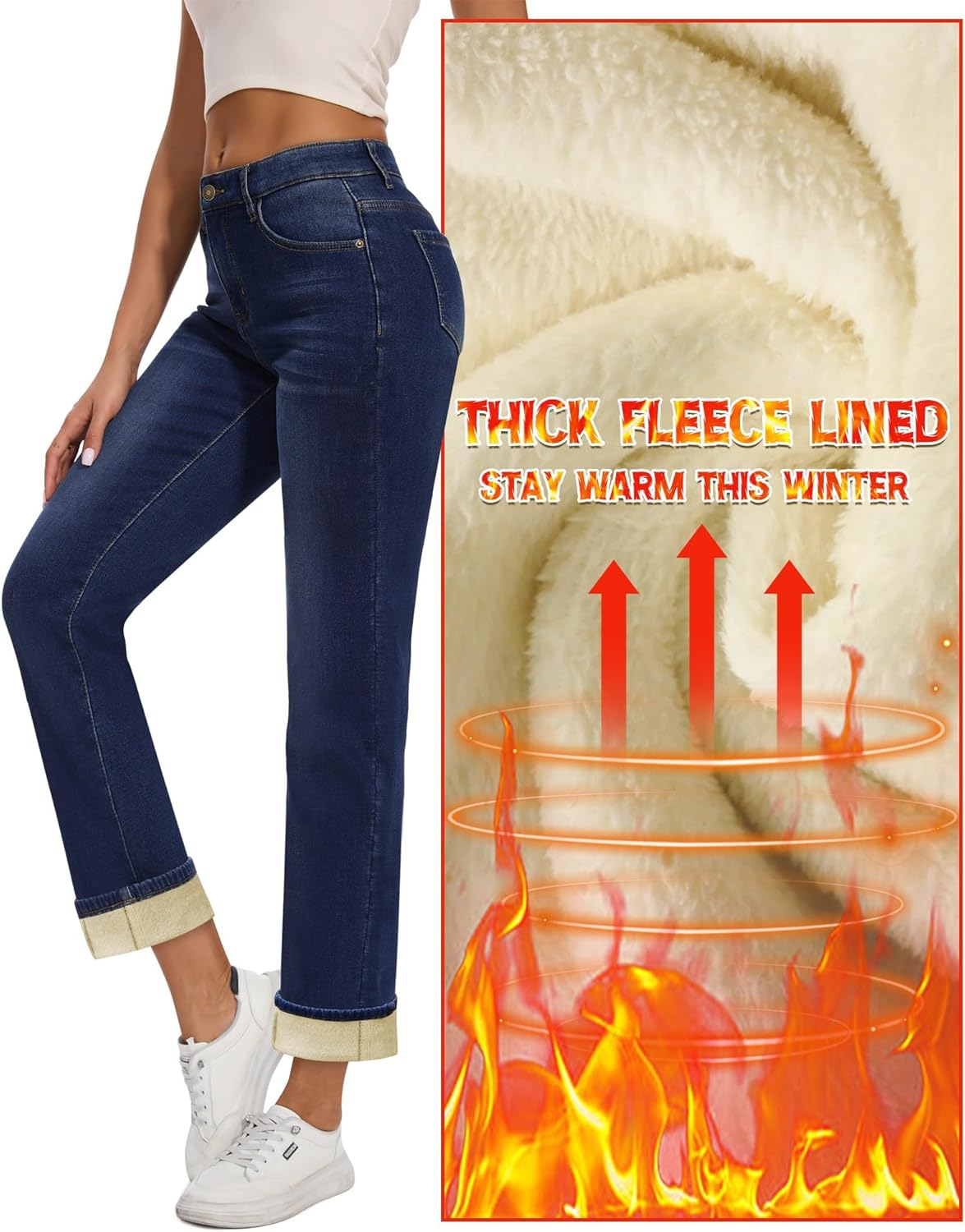 Women Fleece Lined Jeans Women's High Waisted Straight Leg Jeans Winter Fleece Lined Jean Pants - Image 2