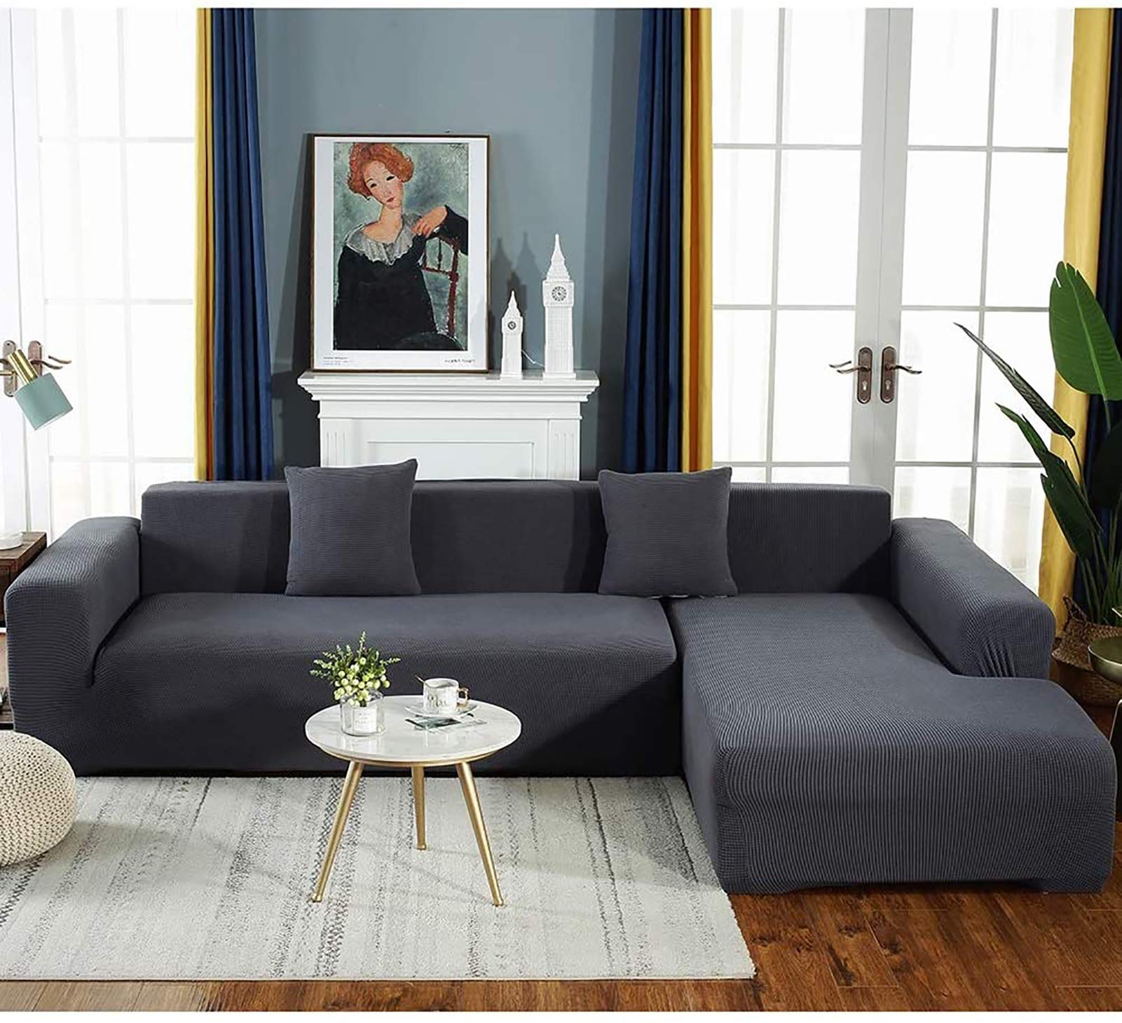Rozciągliwy antypoślizgowy pokrowiec na sofę 1-5-osobową, elastyczny ochraniacz na futro, dla zwierząt domowych i dzieci, L-Sd, ciemnoszary, 145 x 185 cm i elegancki