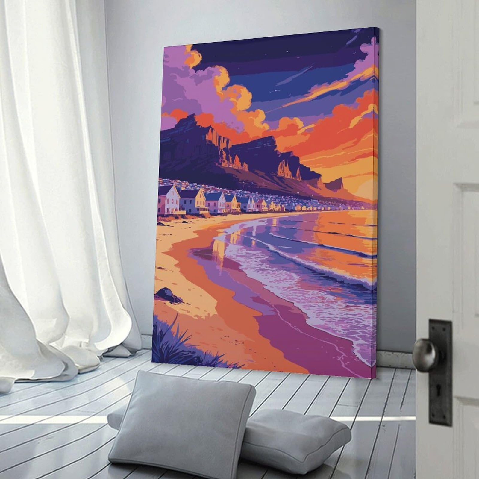 Junmoney Coastal Town at Sunset Illustration Room Decor Wall Art, 20x30inch(50x75cm), for Office, Study Or Home Workspace, A Smart Decor Choice for Study Walls