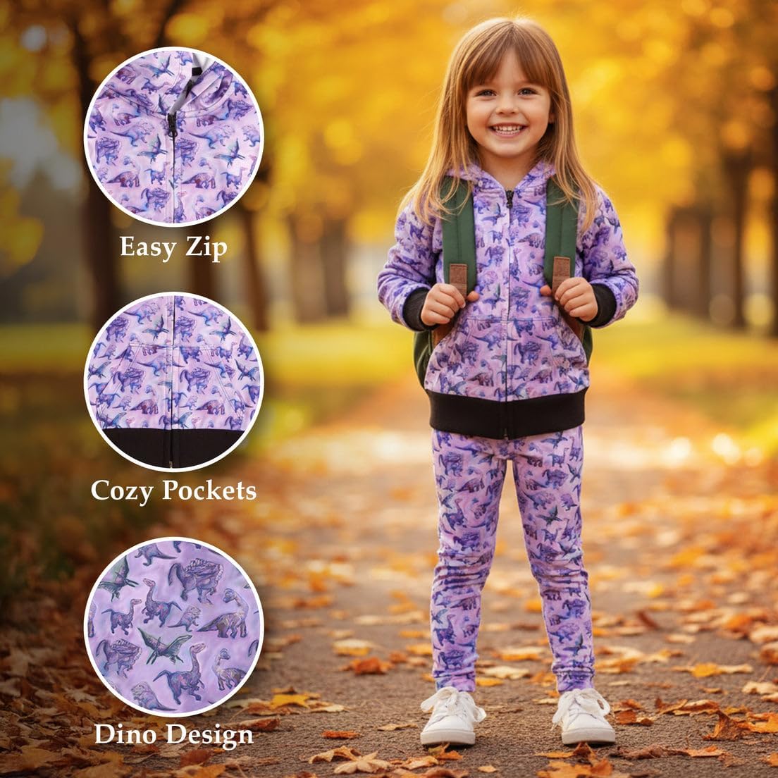 Girls Dinosaur Hoodie – Lightweight Zip Jacket – Soft, Stretchy Playwear with Original Dino Art