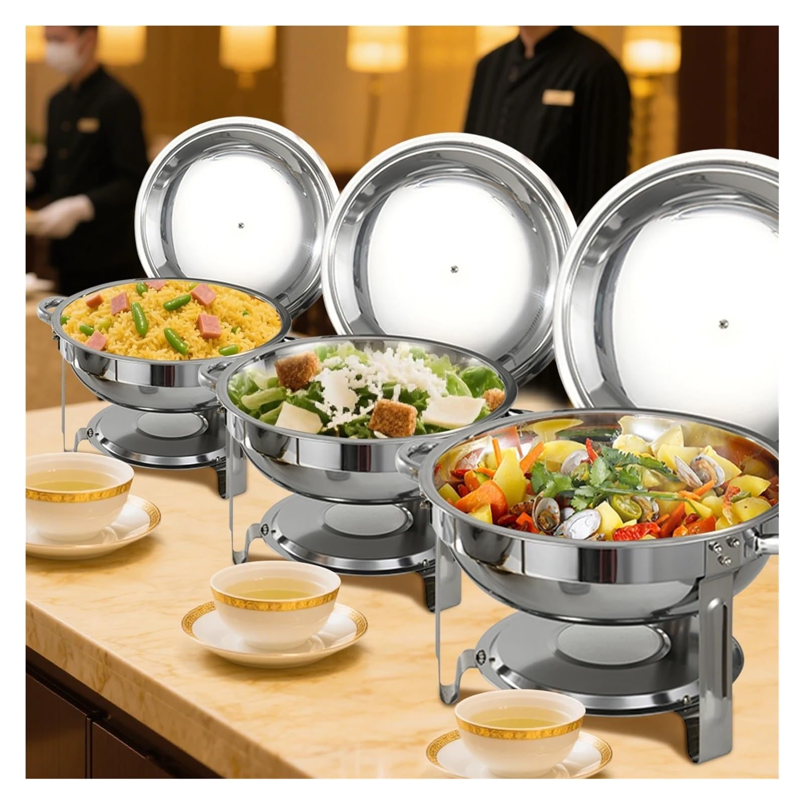 Set di Riscaldavivande per Buffet Chafing dish rotondo in acciaio inox, set scaldavivande for buffet, catering, con teglia for cibo e for acqua, coperchio, supporto solido contenitore for combustibile