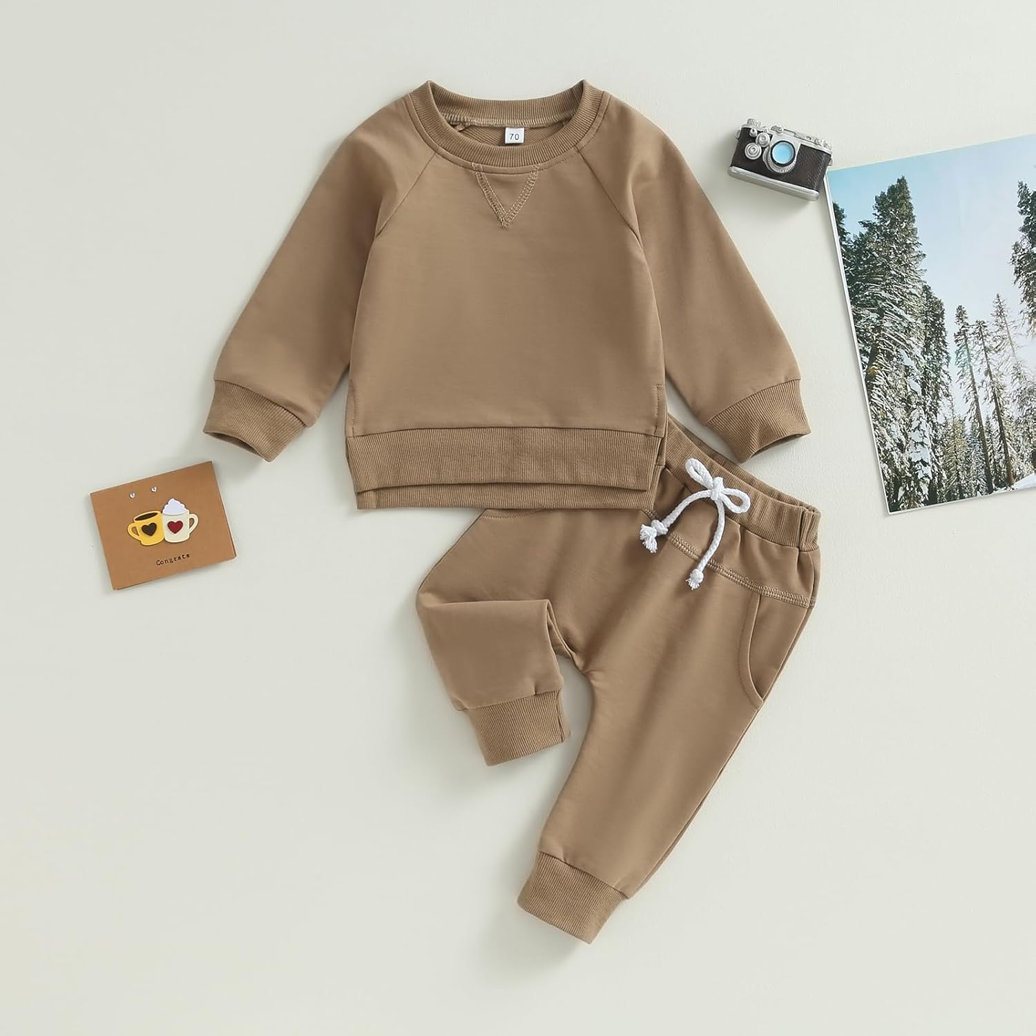 Toddler Baby Boy Girl Fall Winter Outfit Basic Solid Color Crewneck Long Sleeve Sweatshirt Top Jogger Pants Set - Image 4