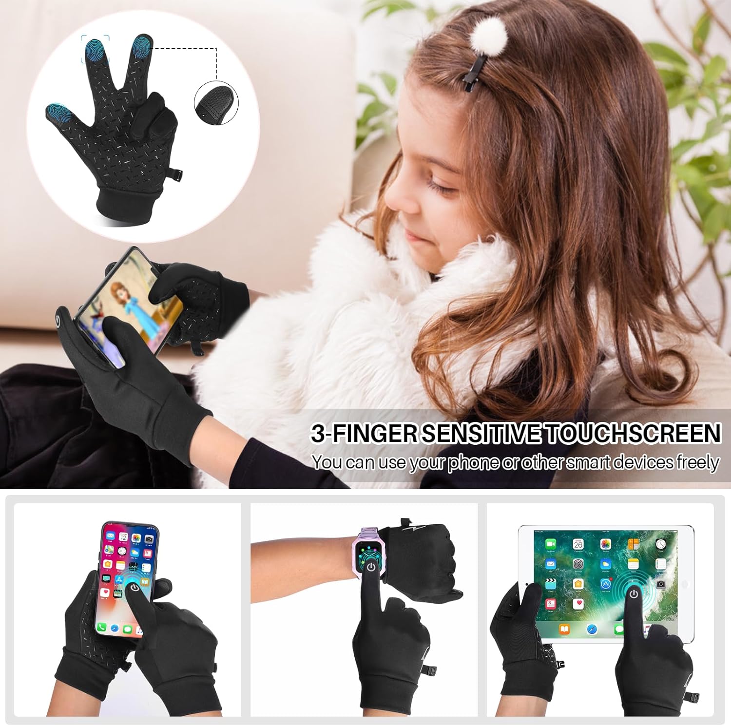 JIAN YA NA Kids Touchscreen Winter Cycling Gloves: Windproof Thermal Non-Slip Gloves Lightweight Cold Weather Mittens of Age 4-12 Years