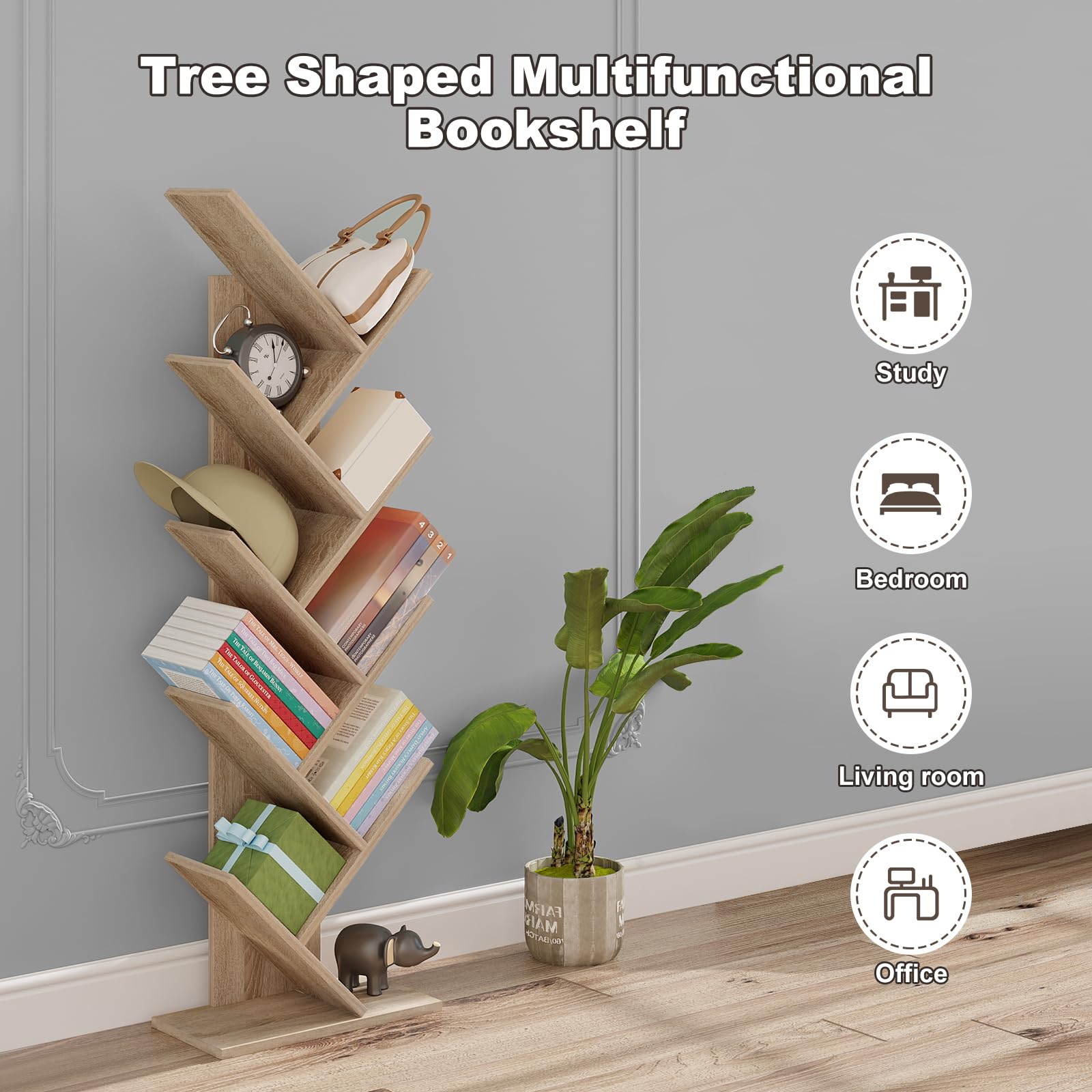 EUGAD Estantería para Libros Librería de Árbol de Almacenamiento de Oficina Estante Soporte de CD DVD con 8 Niveles, 40x20x127cm, Roble Claro