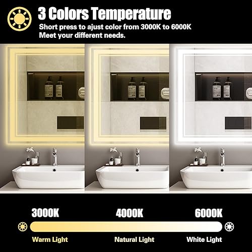 Miniatura 5 de Espejo de baño LED de 24 x 32 pulgadas, espejo de baño sin niebla con luces LED regulables, espejo LED de 3 colores para baño, espejo de tocador con