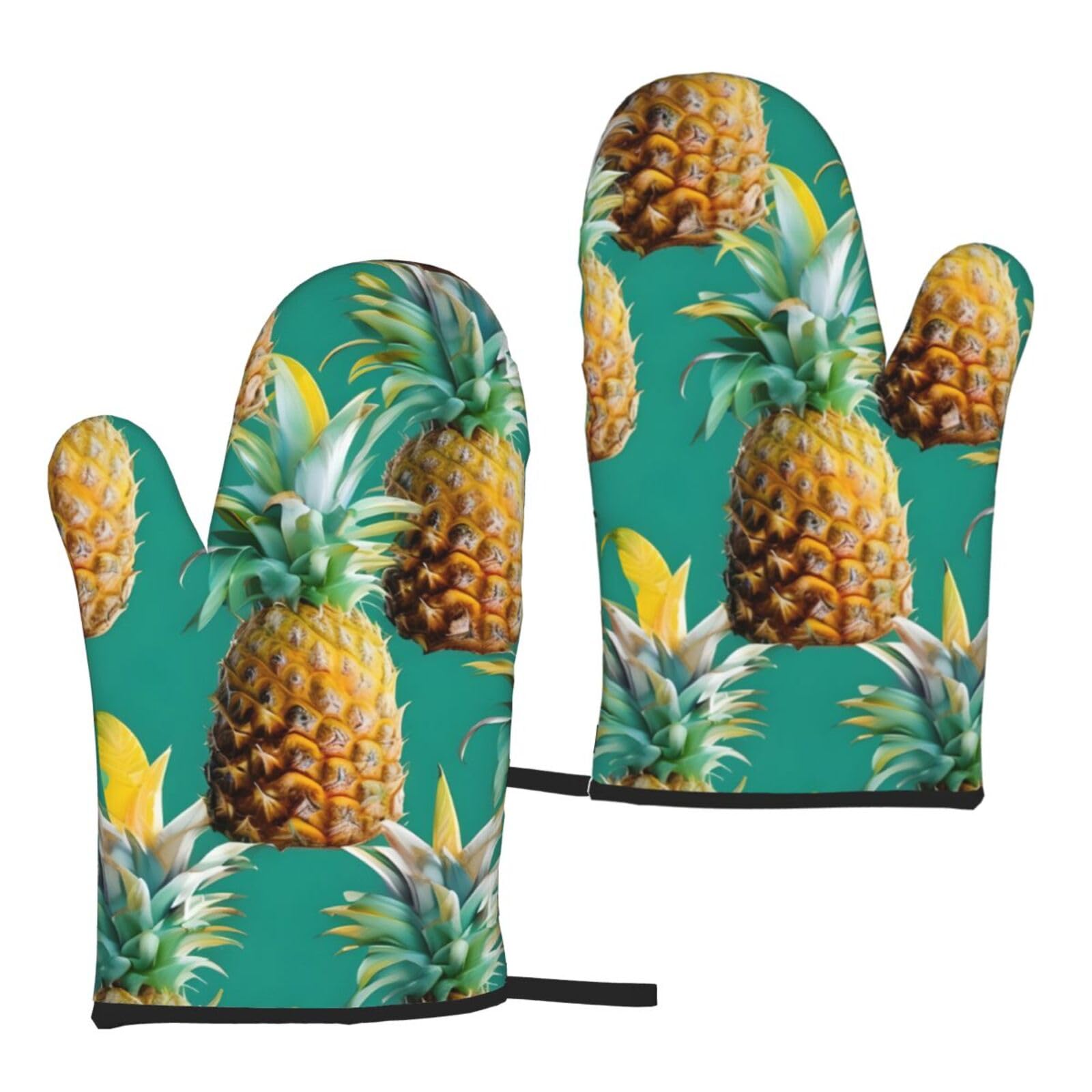 Nimongt Women's Black Tropical Pineapple Hawaiian Print Adults Universal Fit Heat Resistant Oven Gloves Reusable Cooking Outdoor Grilling