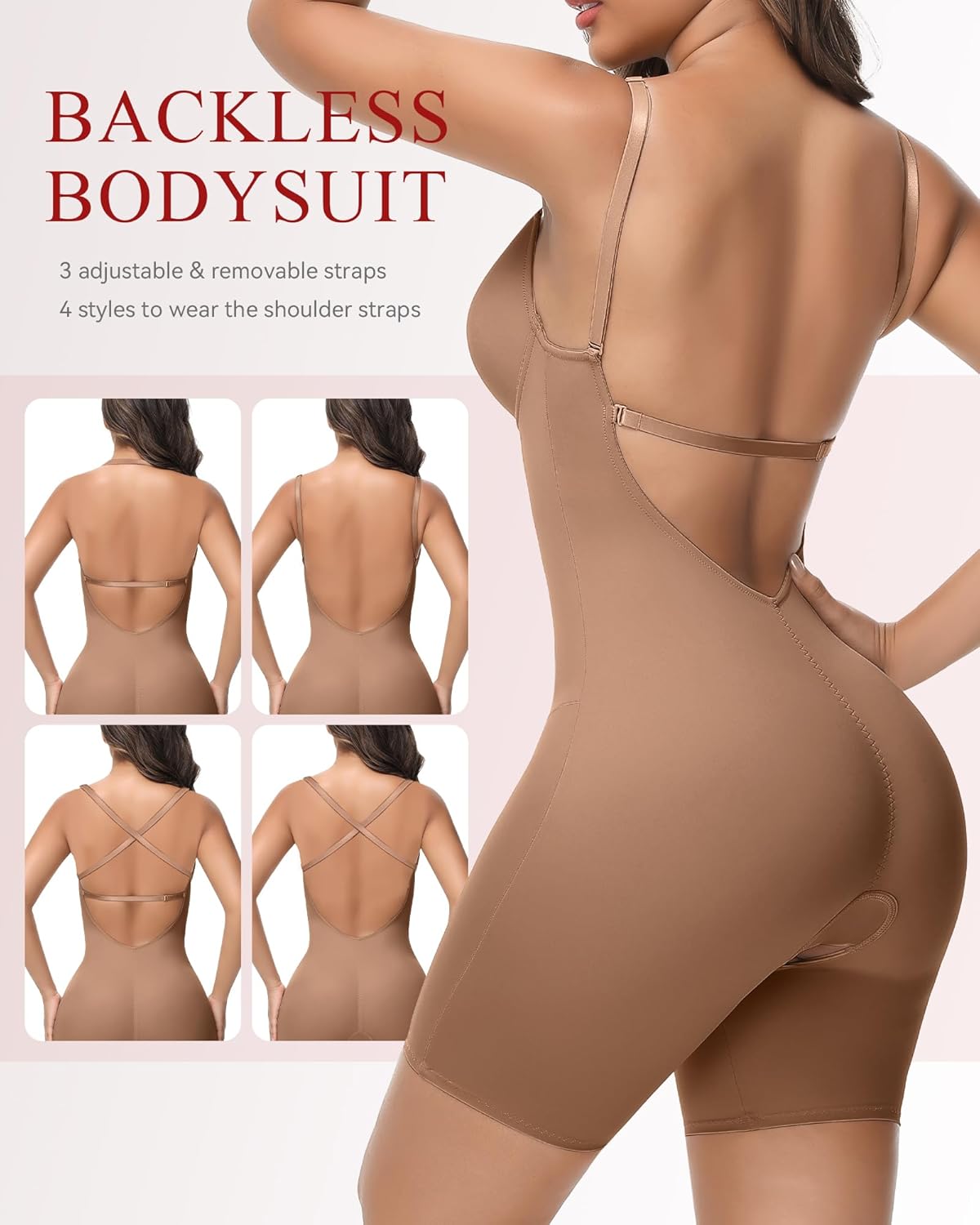 SHAPSHE Backless Shapewear Strapless Deep U Plunge Bodysuit for Women Built In Bra Tummy Control Low Back Body Shaper - Image 2