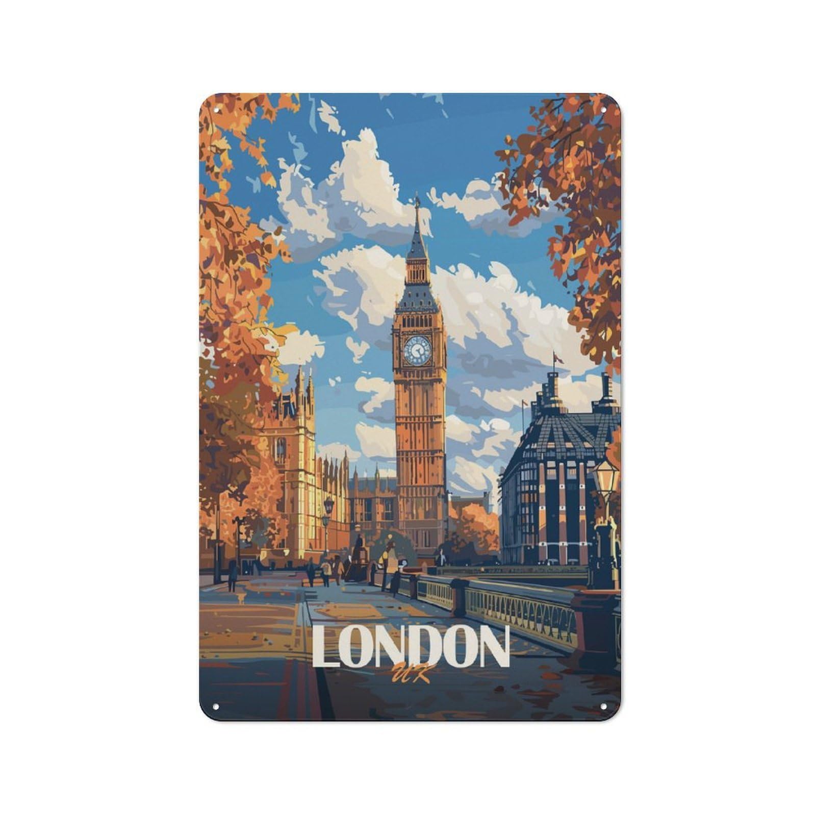 Junmoney London Big Ben Illustration Metal Wall Sign 30X20cm, Clean Industrial Loft Wall Plaque For Workspace, Cafe, Hallway Or Garage