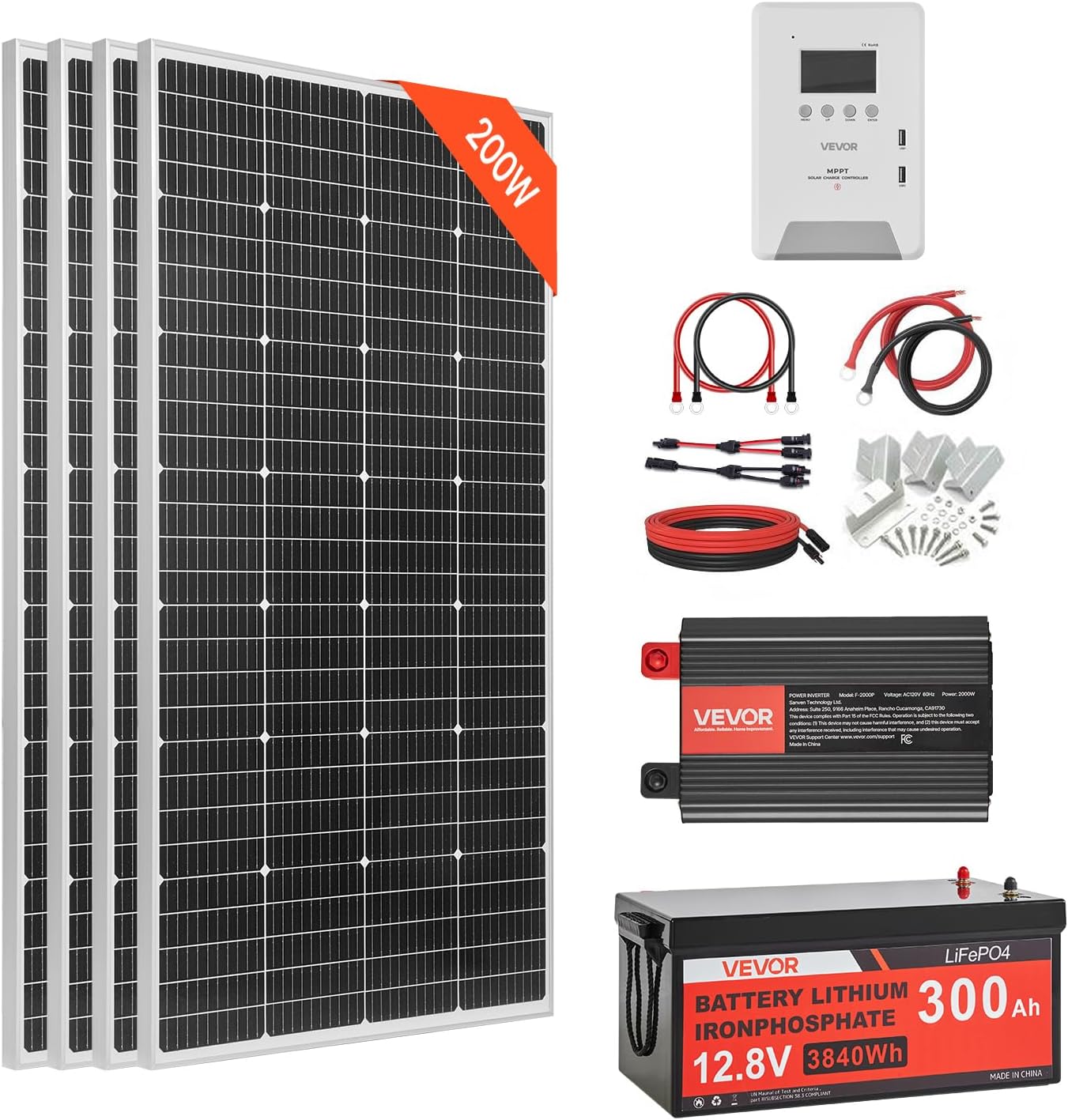 VEVOR 800W 12V Complete Solar Power Kit, 4 * 200W Monocrystalline Solar Panels + 12.8V 300Ah LiFePO₄ Battery + 60A MPPT Charge Controller + 2000W Power Inverter for Home, Small Farm, Cabin, Off-Grid