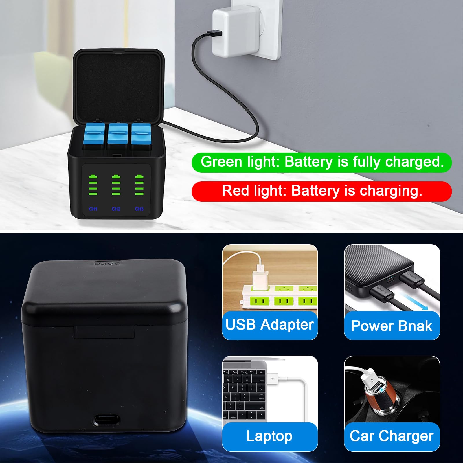 Batterie e Caricatore Compatibili con GoPro Hero 12 11 10 9 Black - 3x 1800mAh Alta Capacità con Custodia di Ricarica 3-in-1 e Cavo Type-C