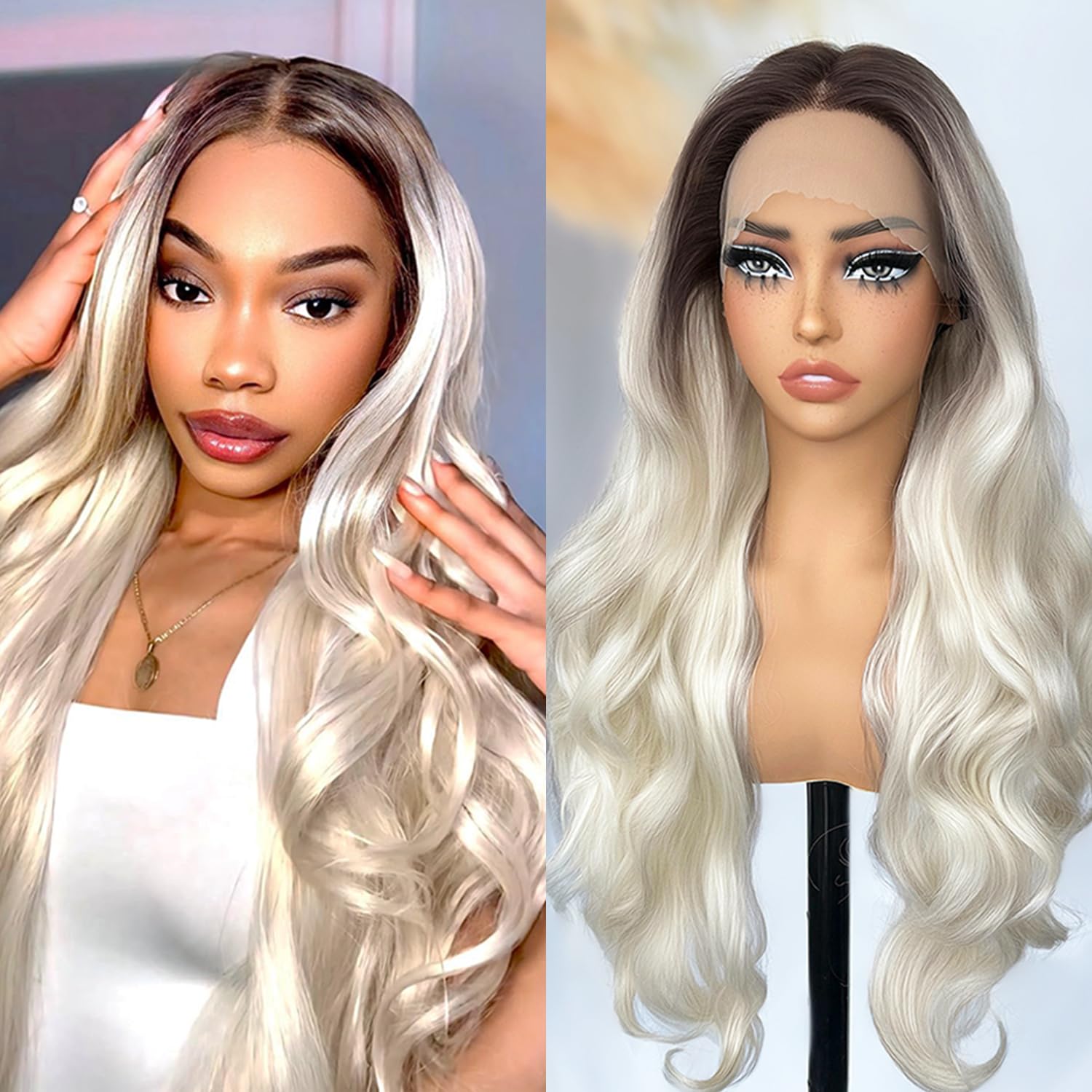 SOKU Highlights Brunette Lace Front Wig Synthetic 30 Inch Body Wave T Part Transparent Swiss Lace Wig Soft Yaki Blend Hair Heat Friendly